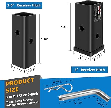 3 2.5 2 Receiver Hitch Adapter Heavy Duty Carbon Steel Hitch Reducer Sleeve Set, Multi-Size Extender Trailer Hitch Receiver for Towing Accessories By Fetechmate, 3 to 2.5/2, 2.5 to 2 Reducers