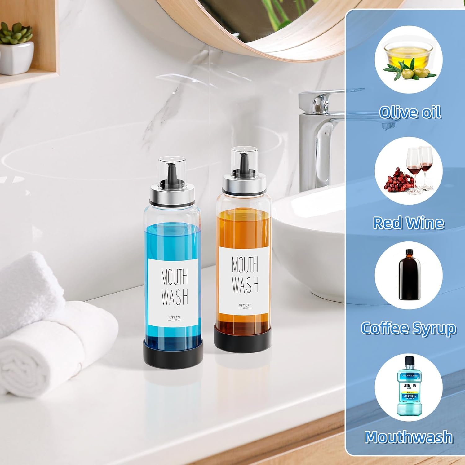 VITVITI Mouthwash Dispenser for Bathroom, Glass Mouth Wash Container with Cup Lid, 17OZ Clear Refillable Mouthwash Bottle Decanter with Silicone Pad/Labels, Set of 2 - Image 3