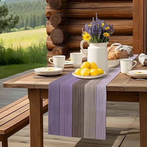 Miniatura 78 de Camino de mesa de algodón y lino estilo granja rústico retro, textura de madera de granero, color degradado marrón y gris, antideslizante,