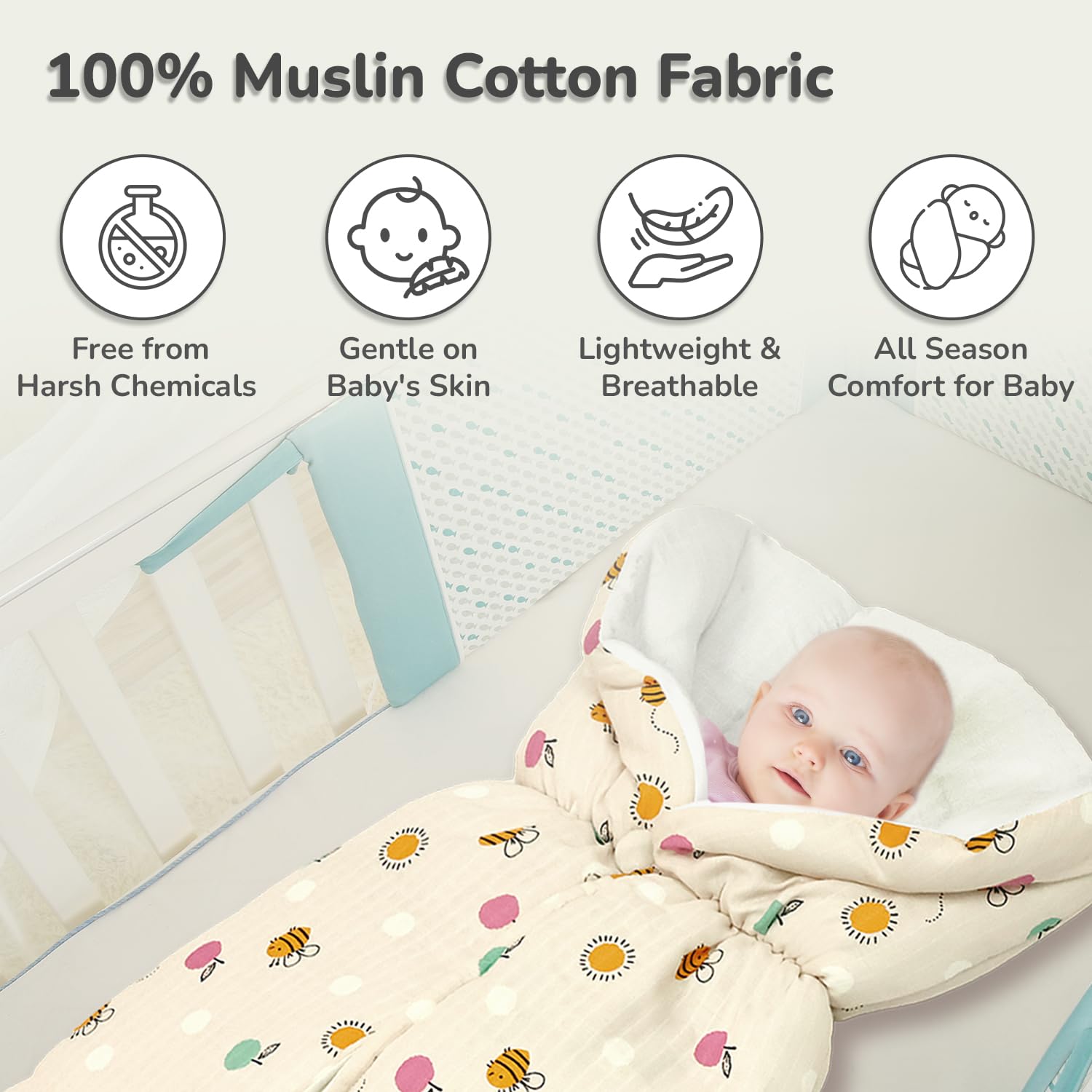 R for Rabbit Snuggy Bliss Baby Sleeping Bag Bedding Set | Premium 100% Muslin Cotton Carrying Nest for New Born Babies & Infant | Travel Friendly for 0-6 Months Baby Girl and Boy (Honey Beige) - Image 3 thumbnail