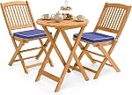 Giantex 3Pcs Ensemble de bistros de patio, ensemble de tables pliantes en bois, 2 Chaises Coussinées pour jardin, Table Ronde de Meubles d'extérieur (Natural & Béige)