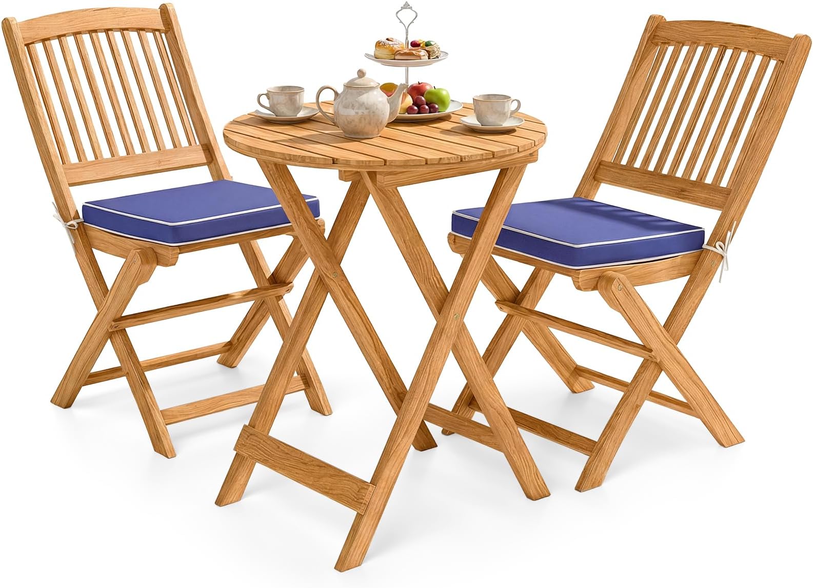 Giantex 3Pcs Patio Bistro Set, Wood Folding Table Set, 2 Cushioned Chairs for Garden Yard, Outdoor Furniture Round Table (Natural & Navy Blue)