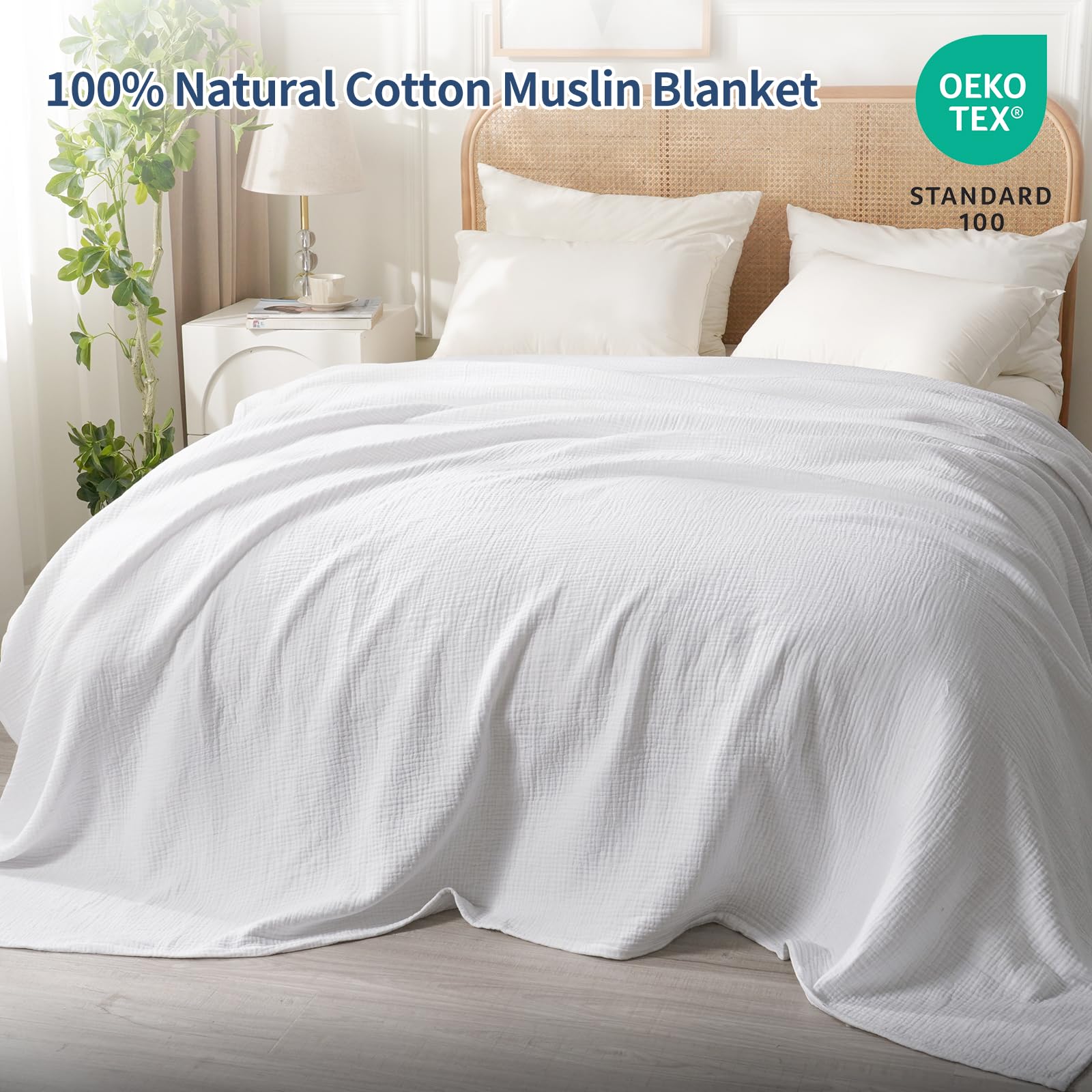 David's Home 100% Cotton Muslin King Size Blanket, 4-Layer Breathable and Lightweight Gauze Blanket for Bed Couch, Soft Muslin Throw for Adults Hot Sleepers, Room Decor, White, 108 * 90