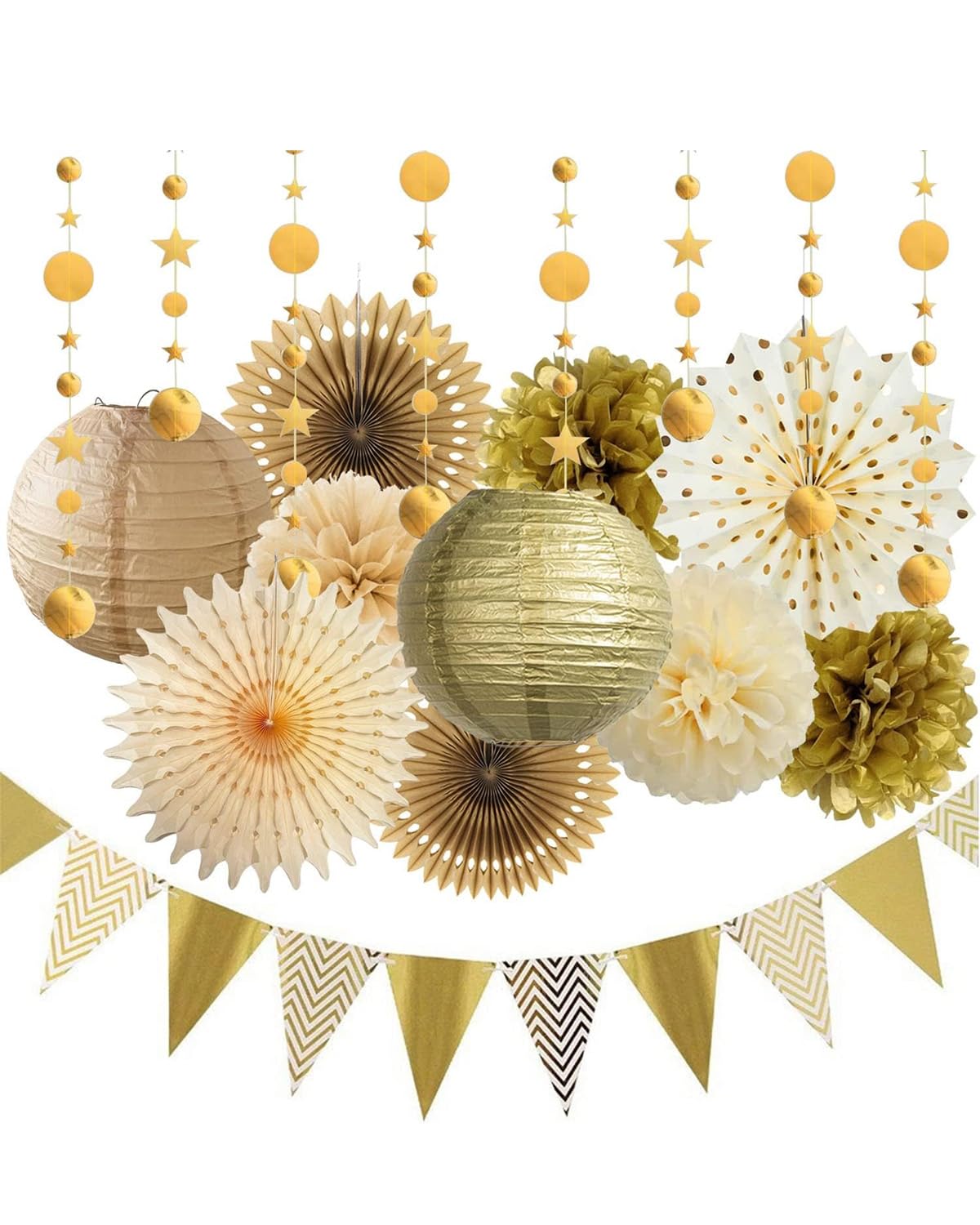 Reusable Gold & Cream Party Decorations Kit | Vintage Paper Fans, Paper Lanterns & Pom Poms Decorations | Easy DIY Gold Decorations for Wedding, Birthday & Baby Shower