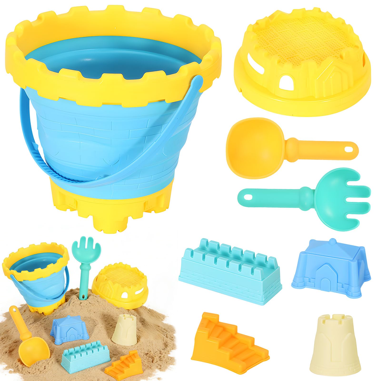 aufbewahrung sandspielzeug garten Pemarcy Kinder, 8-teiliges Strandspielzeug Sandkasten Spielzeug, Faltbarer Eimer, Filterkorb, Sand Toys Schaufel Gabel und 4 Burgform für Burg Bauen für Reise Spielplatz Garten, 2505B Spielzeug Frame Size:45(CM) Obst und Gemüse im Baklava Geschenke