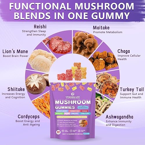 Miniatura 2 de Gomitas complejas de hongos con Ashwagandha y melena de león, Reishi, Cordyceps, Maitake, Shitake, Chaga y cola de pavo Gomitas nootrópicas para