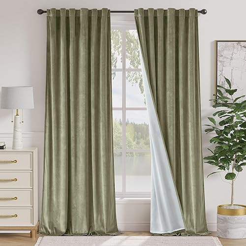 Miniatura 60 de Lazzzy Cortinas Opacas de Terciopelo con Aislamiento Térmico para Ventanas de Habitación, Cortinas de Lujo Súper Suaves para Sala de Estar, Salvia
