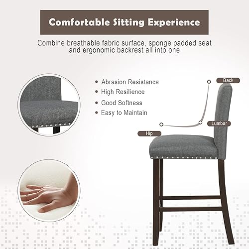Miniatura 4 de GOFLAME Taburetes de bar tapizados, juego de 2, sillas de bar de tela de lino de 25.5 pulgadas de altura de mostrador, sillas de comedor modernas