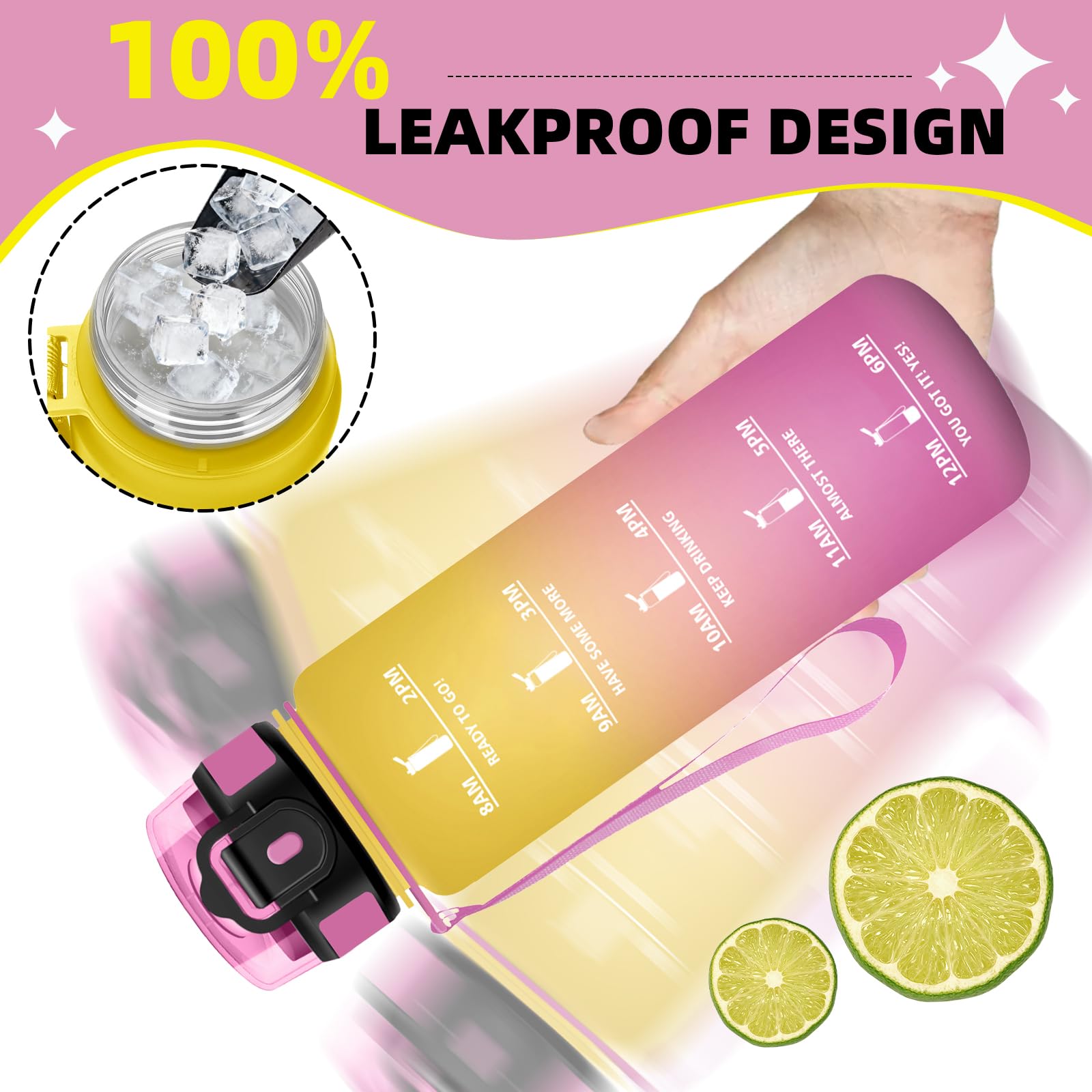 Trinkflasche 1l, Wasserflasche Auslaufsichere, Trinkflasche Sport mit Sichere Verriegelung, Mit Zeitmarkierung und Schnürung, Flasche mit Strohhalm, Water Bottle für Uni, Fitnessstudio, Outdoor - 4