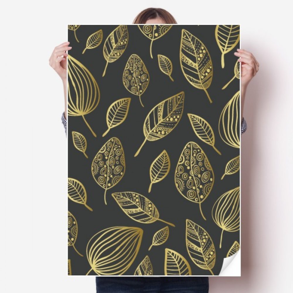 Autocollant de mur vinyle plante feuille dorée 80x55cm