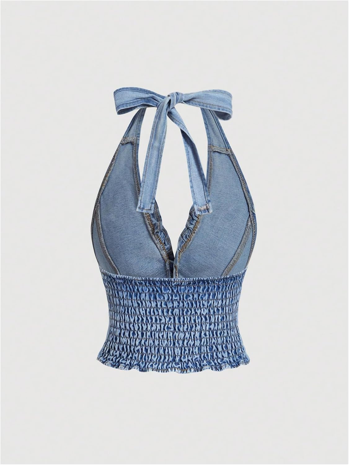 MakeMeChic Women's Shirred Denim Vest Tops Tie Backless Slim Fit Halter Crop Top - Image 2