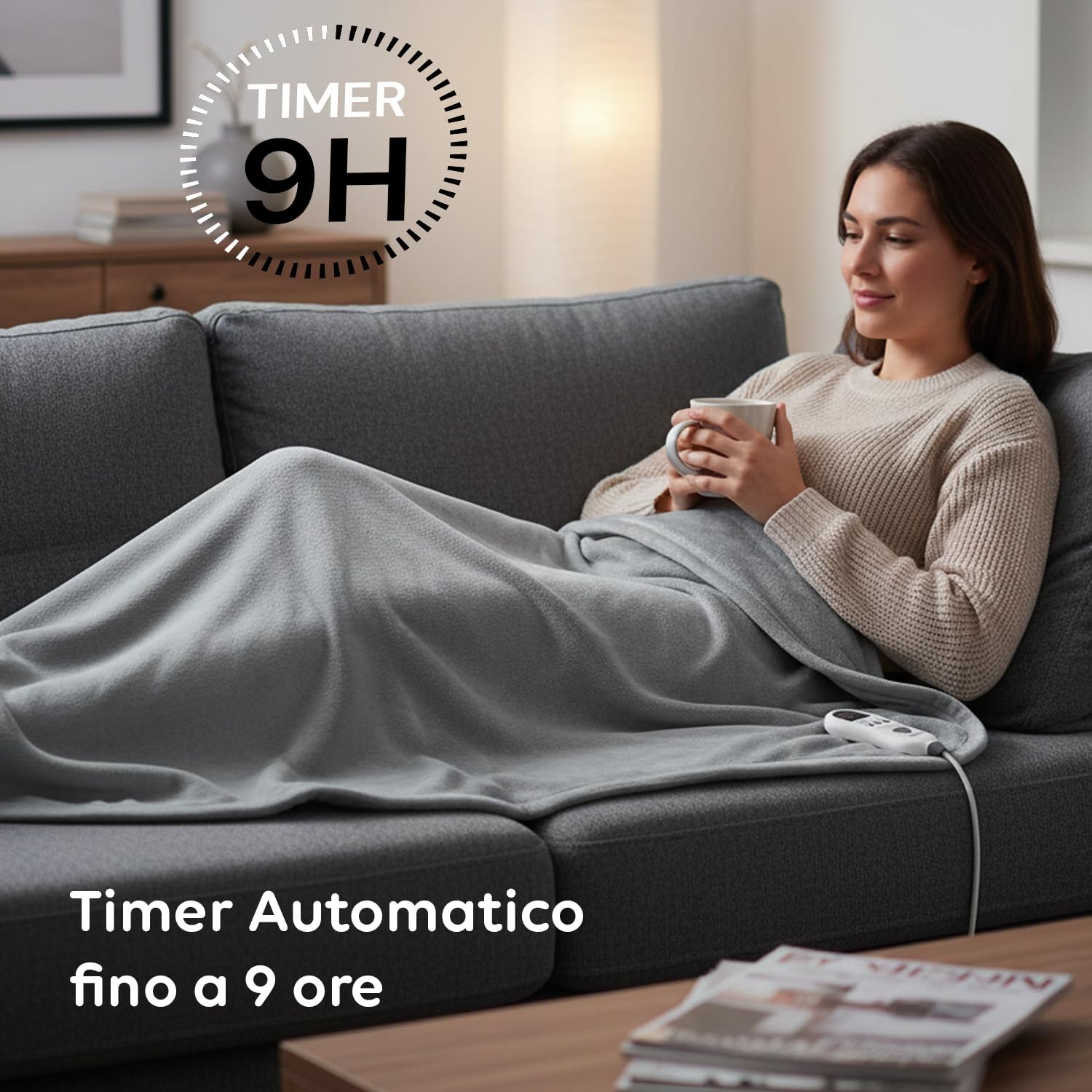 Wintem - Coperta Termica Elettrica Fluffy con 8 Livelli di Temperatura Termocoperta Maxi 160x120 cm in Flanella per Letto e Divano