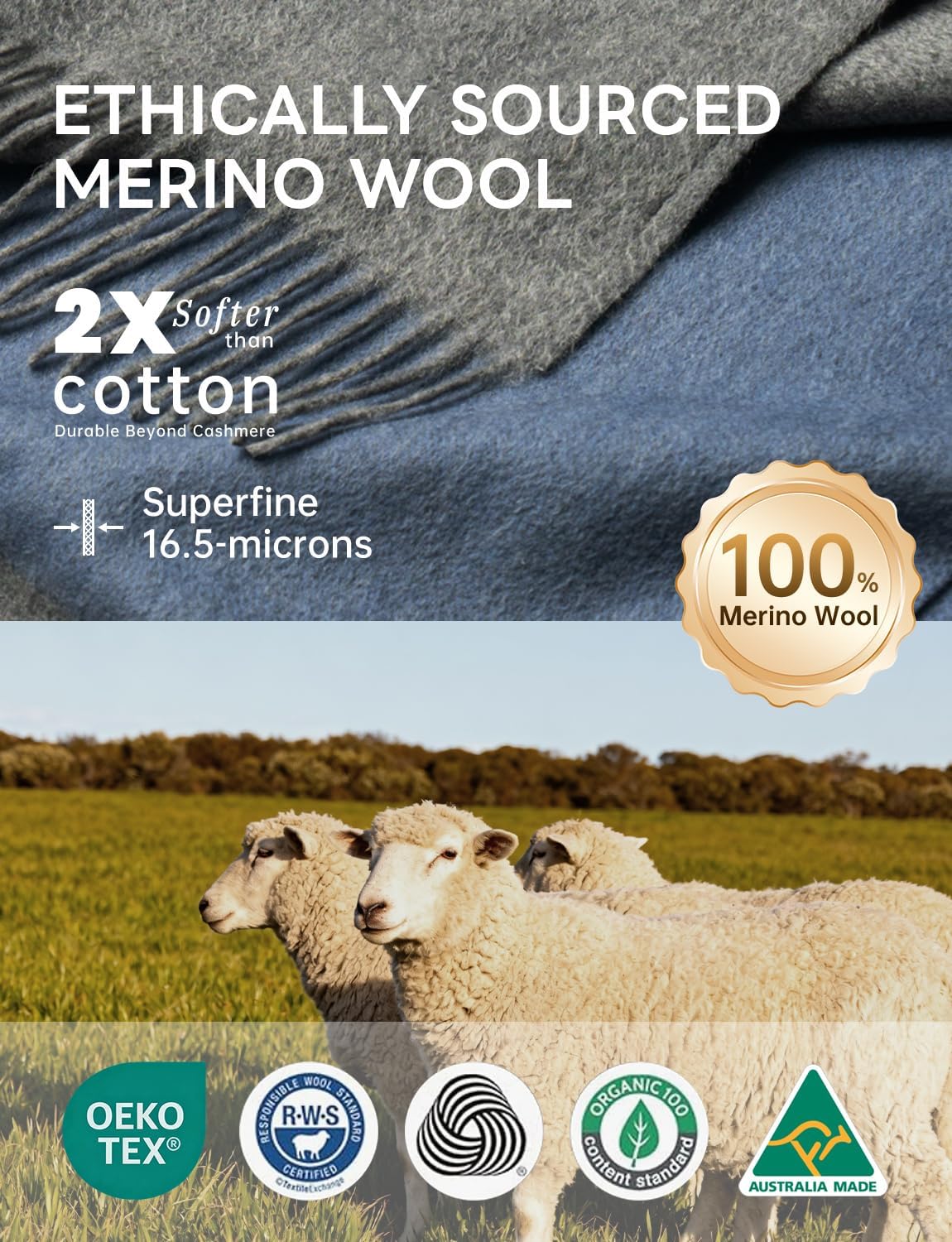 100% Merino Wool Scarf, Cashmere Feel Shawl Unisex image 2
