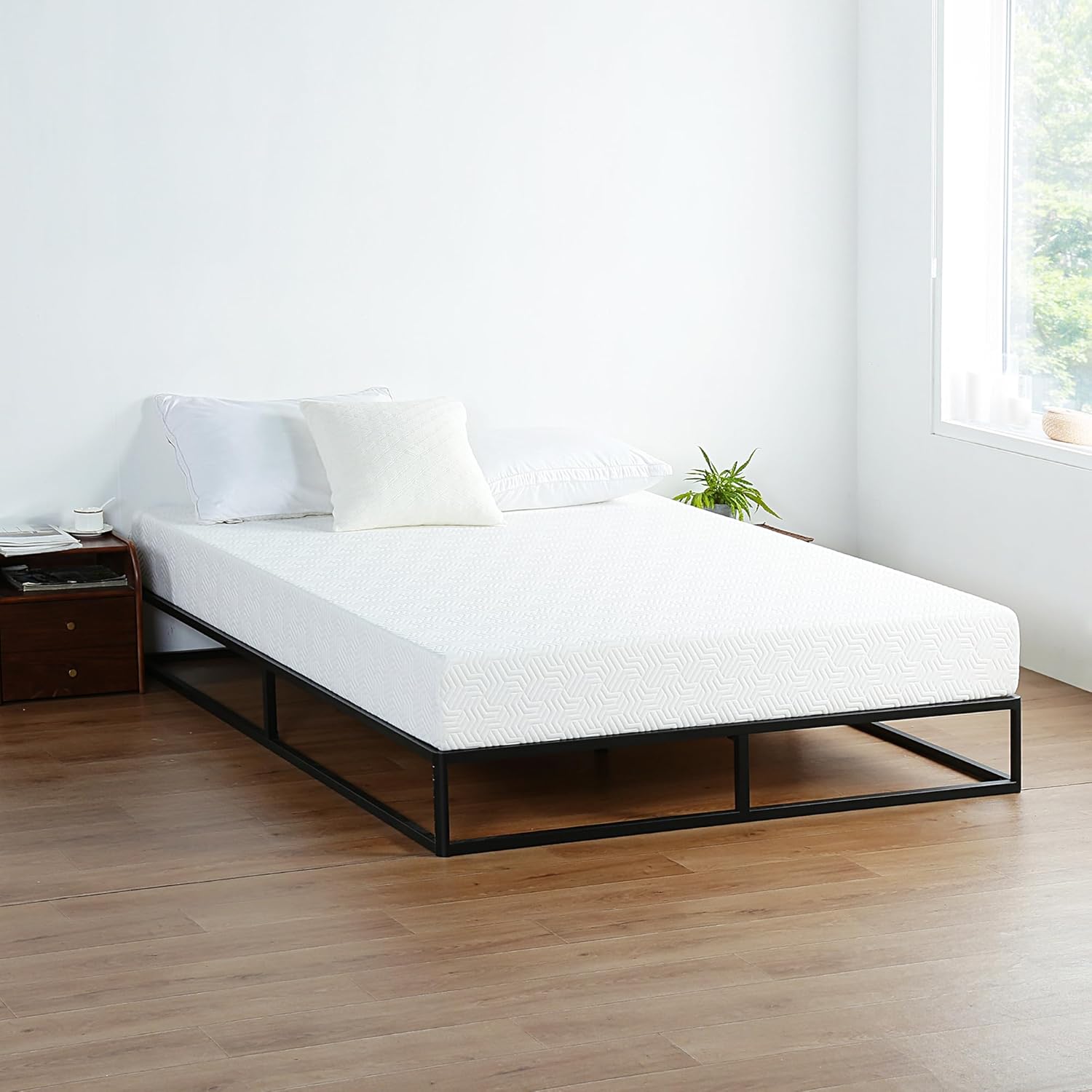 Olee Sleep 9 Inch Modern Metal Platform Bed Frame, Wood Slat Anti-Slip Support, Steel Mattress Foundation, No Box Spring Needed, Black, Full Size