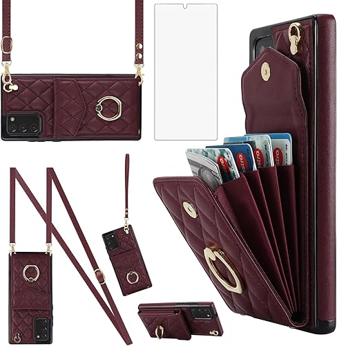 Asuwish Funda de teléfono para Samsung Galaxy Note 20 5G con protector de pantalla de vidrio templado y correa para la muñeca, anillo con bloqueo