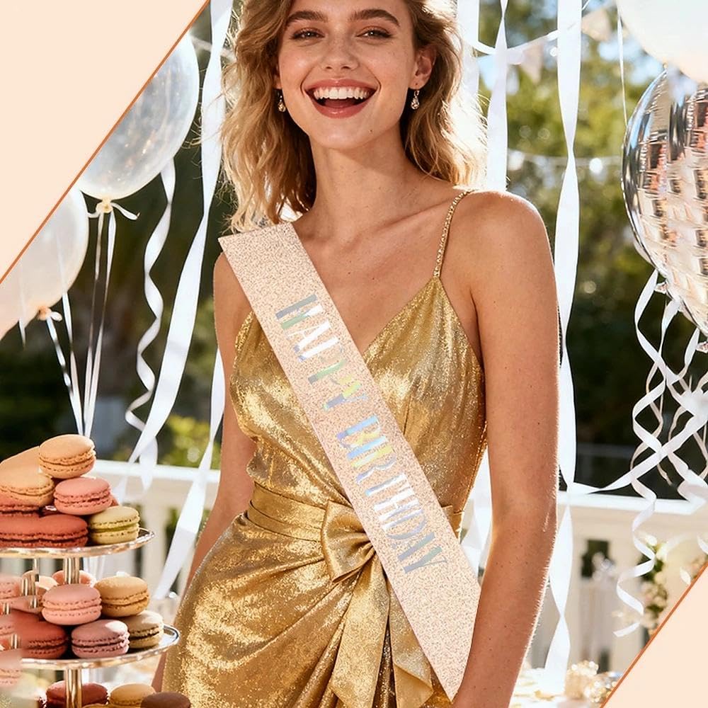 Happy Birthday Sash for Daughter Sister Best Friend Glitter Rose Gold Sash with Colorful Shining Letter Happy Birthday Gifts for Women Girls 18th 21st 30th 40th 50th Bday Party Decorations Supplies Pink1