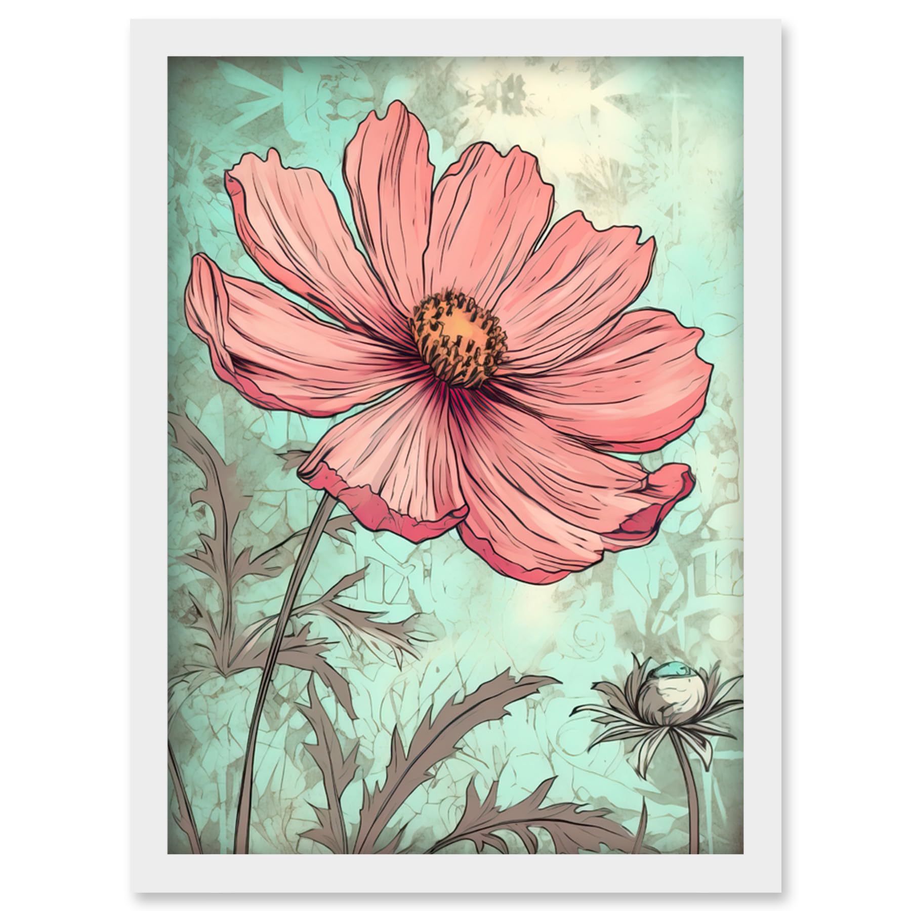 Artery8 Cosmos Flower Bloom Soft Pink and Teal Watercolour Artwork Framed Wall Art Print A4
