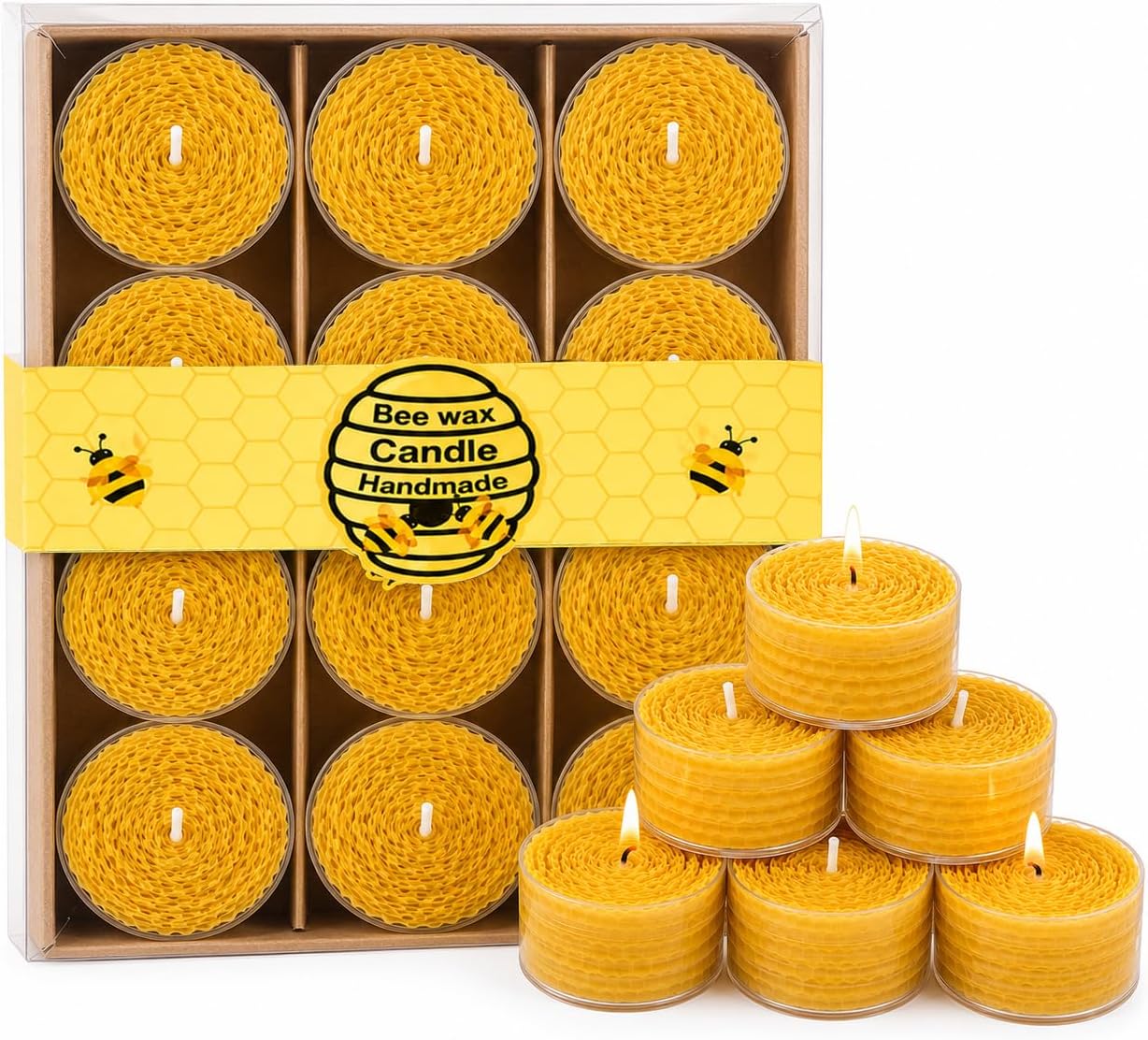 Rolled Beeswax Tealight Candles 12 Pack, Handmade Honeycomb Natural Non-Toxic Smokeless Pure Beeswax Tea Lights, Unscented Honey Scent, 4-Hour Burn Air Purifying Candles for Home Decor & Meditation