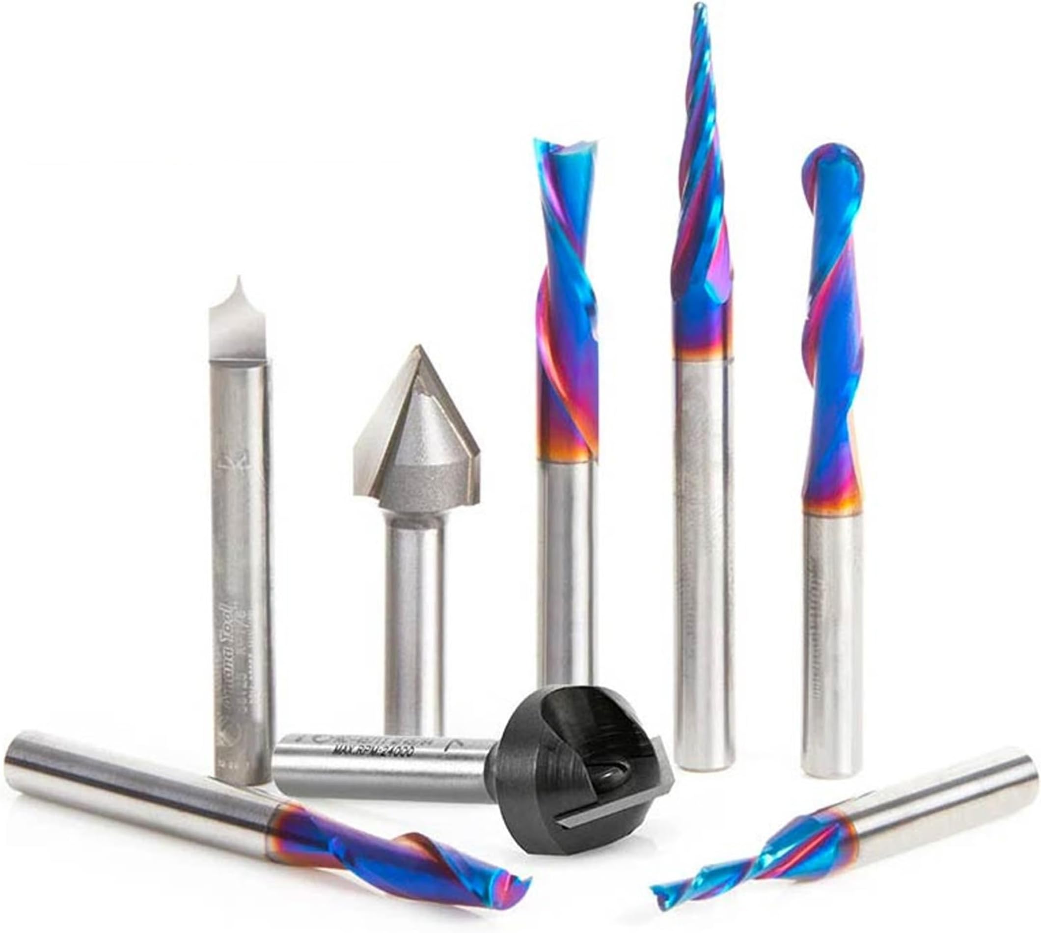 Amana Tool AMS-177-K 8-Pc CNC Router Bit Collection Featuring V-Grooves Point Roundover and Multi-Purpose Spektra Bits 1/4 Shank in Wooden Box