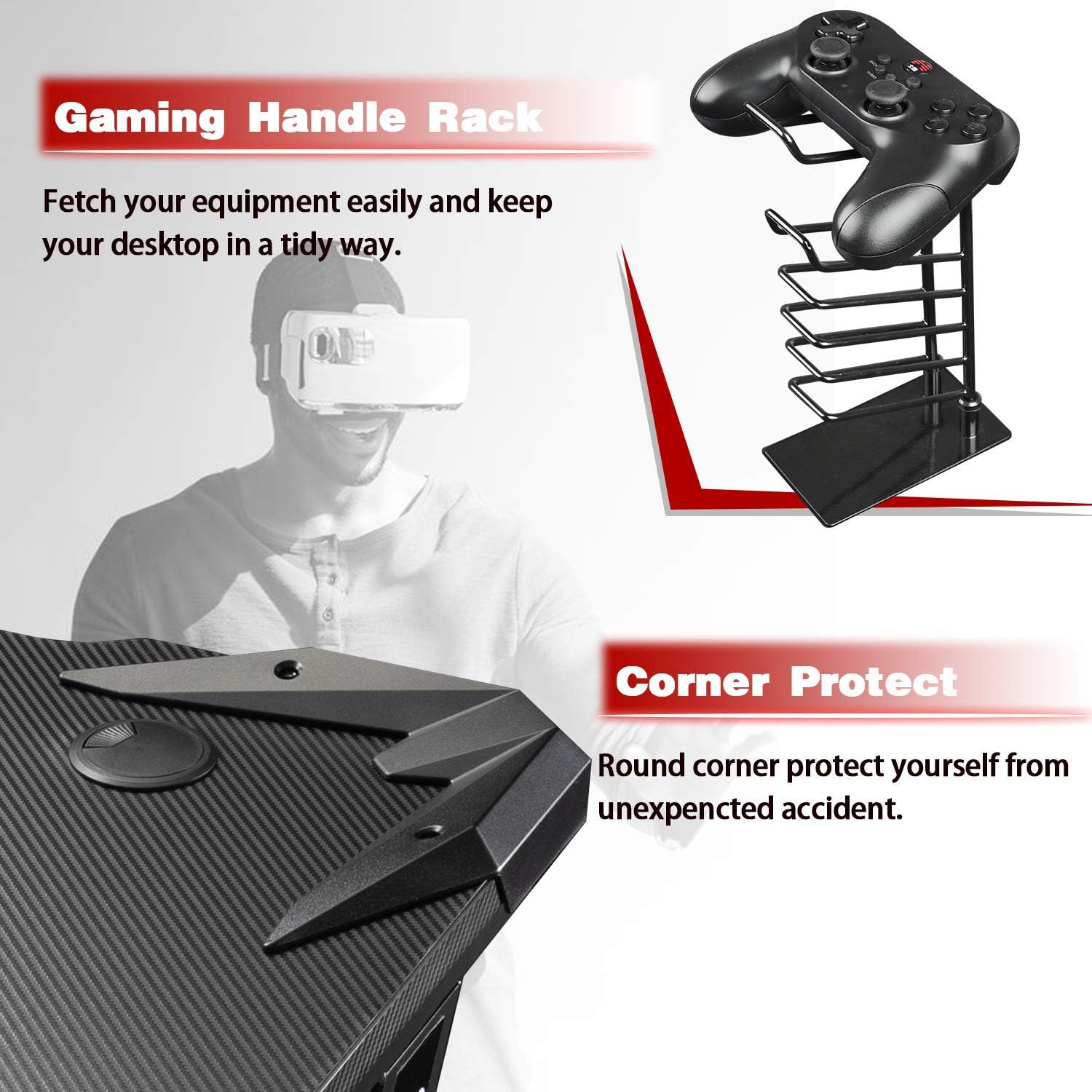 Greesum 44 Inch Z Shaped Computer Gaming Desk, Home Office Table with Carbon Fiber Surface Cup Holder & Headphone Hook, Red (GS-ZGD1RD)