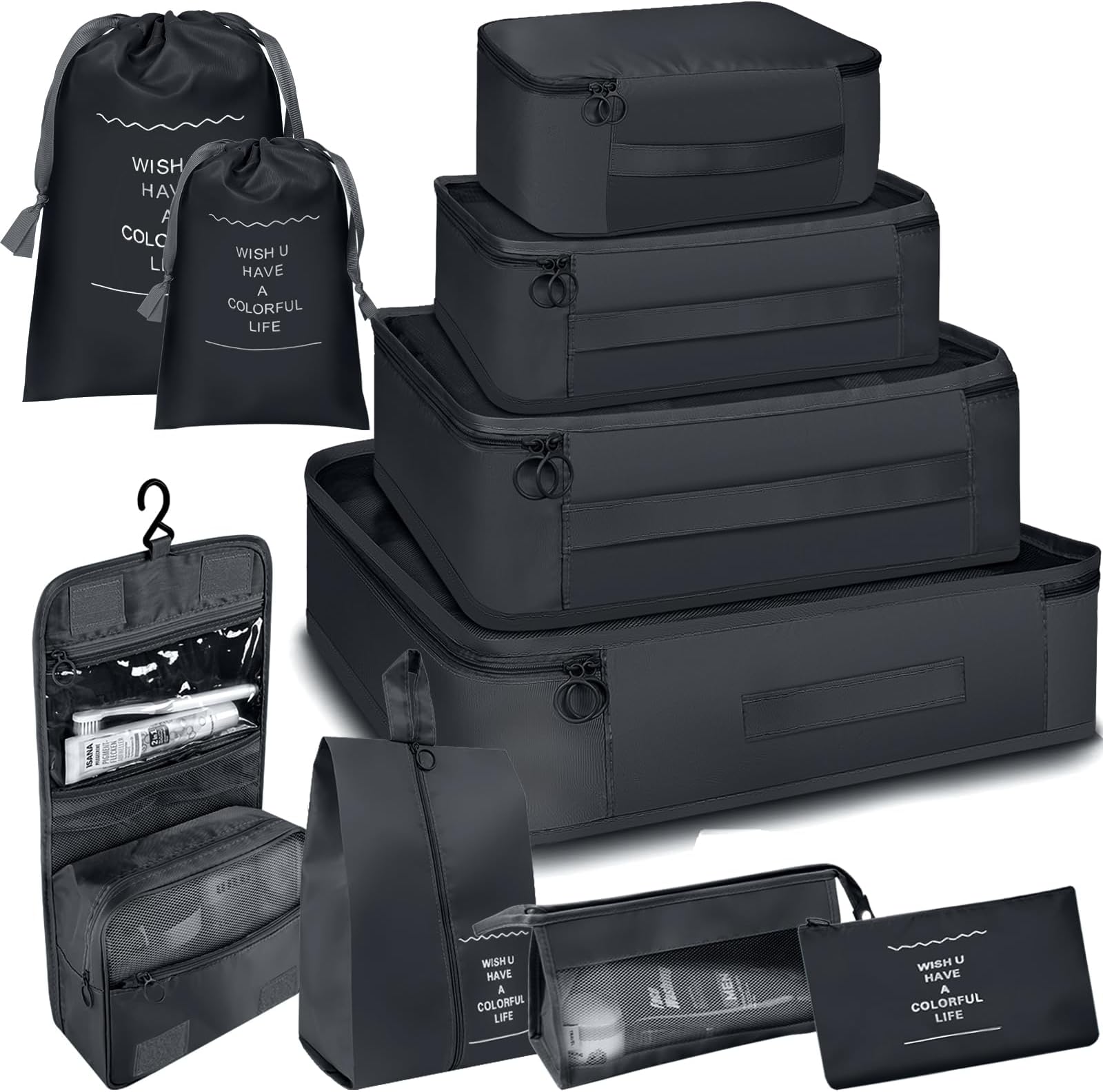 WVLIROD 10PCS Packing Cubes Set - Travel Luggage Suitcases Organizers Bags with Toiletry Shoe &Clothing Underwear Packaging Storage