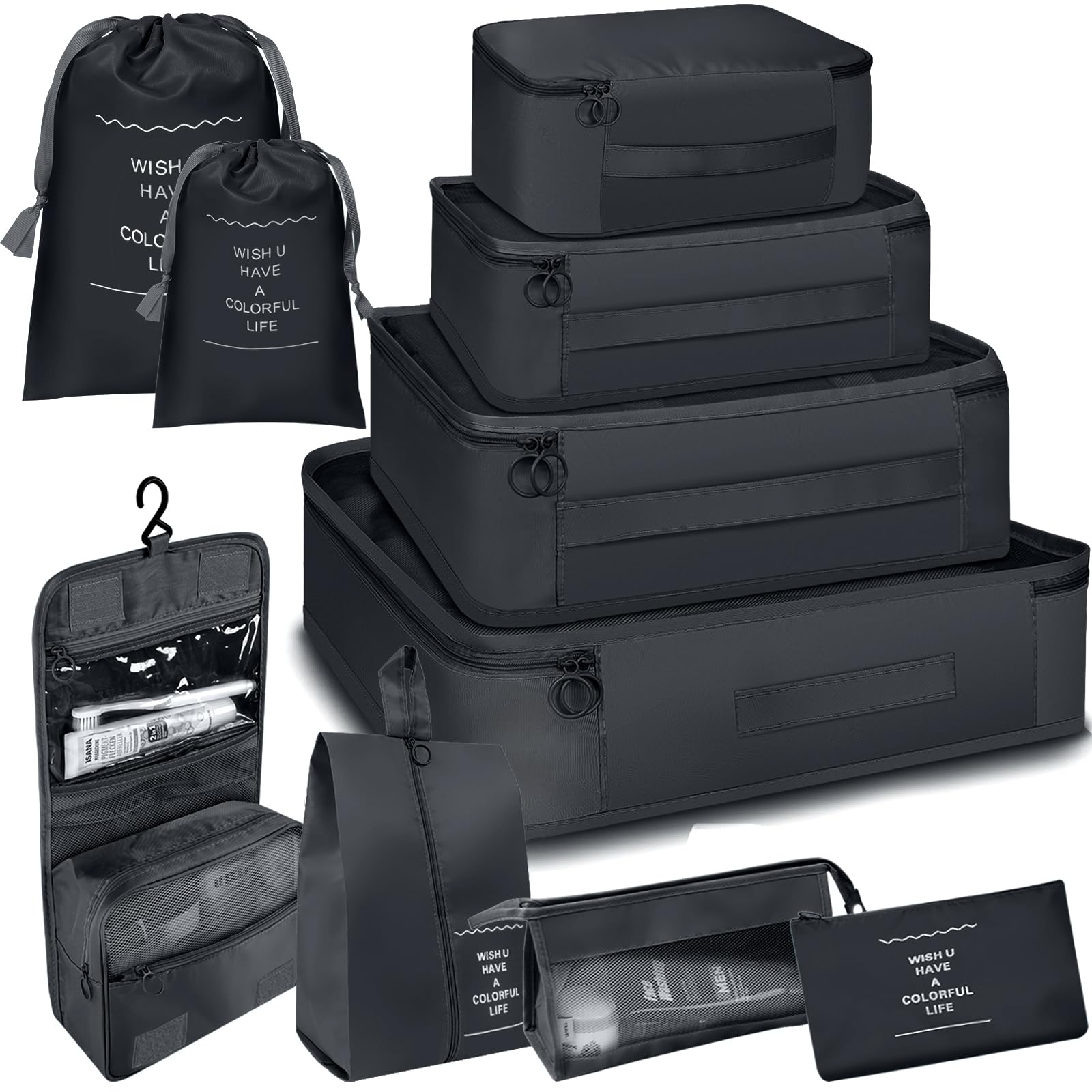 WVLIROD 10PCS Packing Cubes Set - Travel Luggage Suitcases Organizers Bags with Toiletry Shoe &Clothing Underwear Packaging Storage