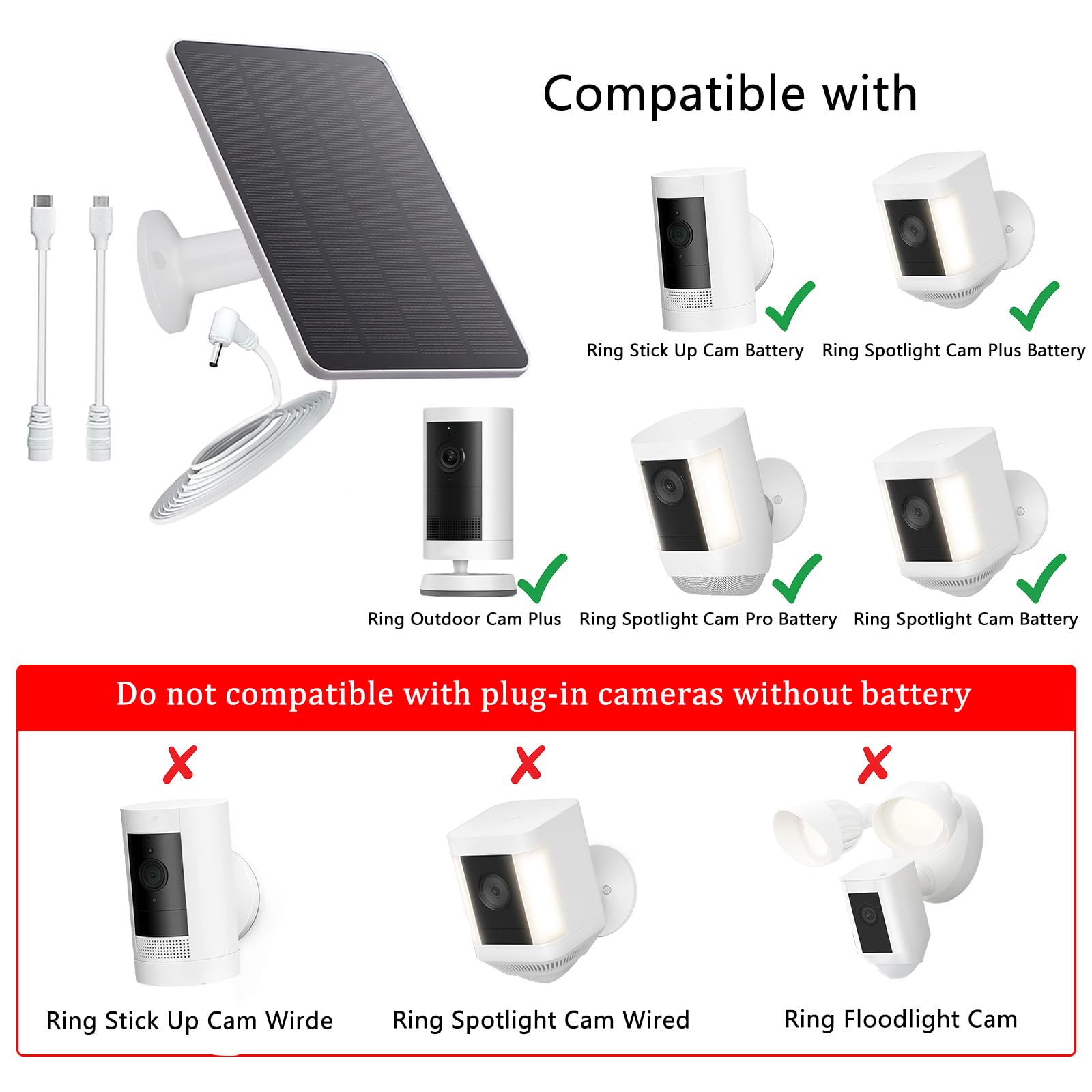 Lot de 2 panneaux solaires compatibles avec batterie Ring Stick Up Cam/Pro, batterie Spotlight Cam/Plus/Pro, chargeur de panneau solaire 5 V avec câble de charge CC de 3 m, port micro USB et de type C