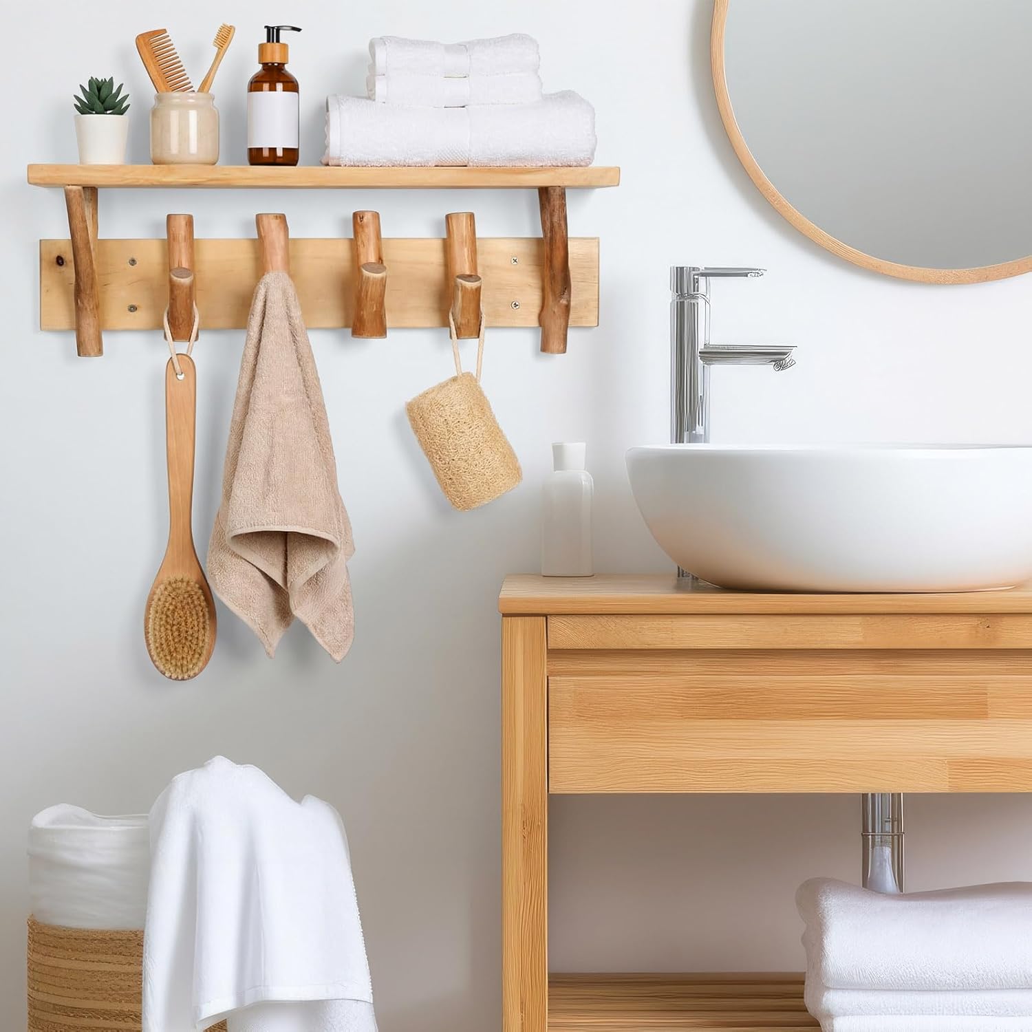 Geelin 24 Inch Coat Rack Wall Mount with Shelf, Entryway Wall Shelf with Hooks, Wood Shelves with 4 Hooks for Entryway Living Room, Bedroom, Kitchen Boho Bathroom Decor