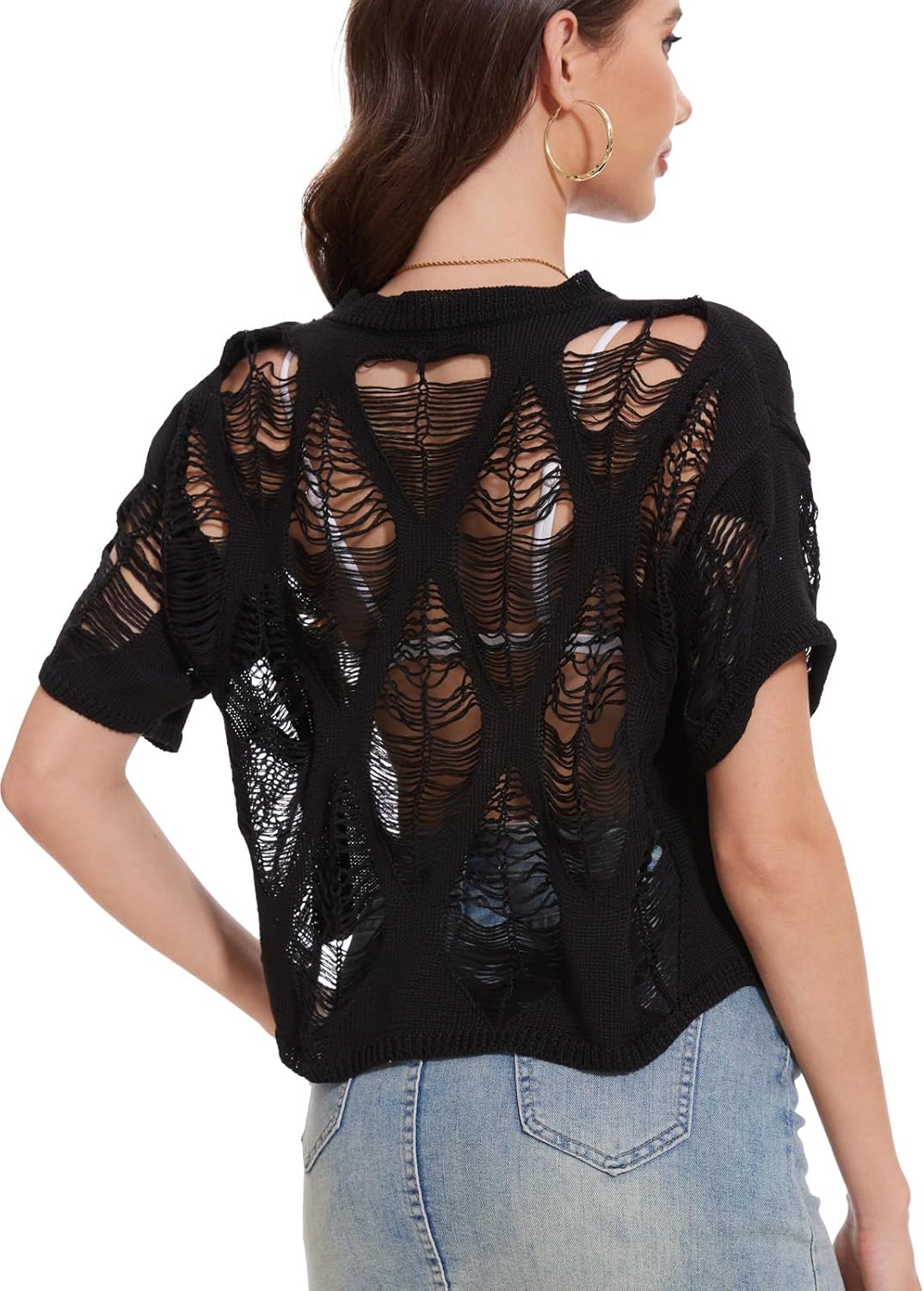 Womens Summer Short Sleeve Crop Tops Pullover Sweater Ripped Holes Perspective Punk Gothic Short Tops Size S-XL - Image 2