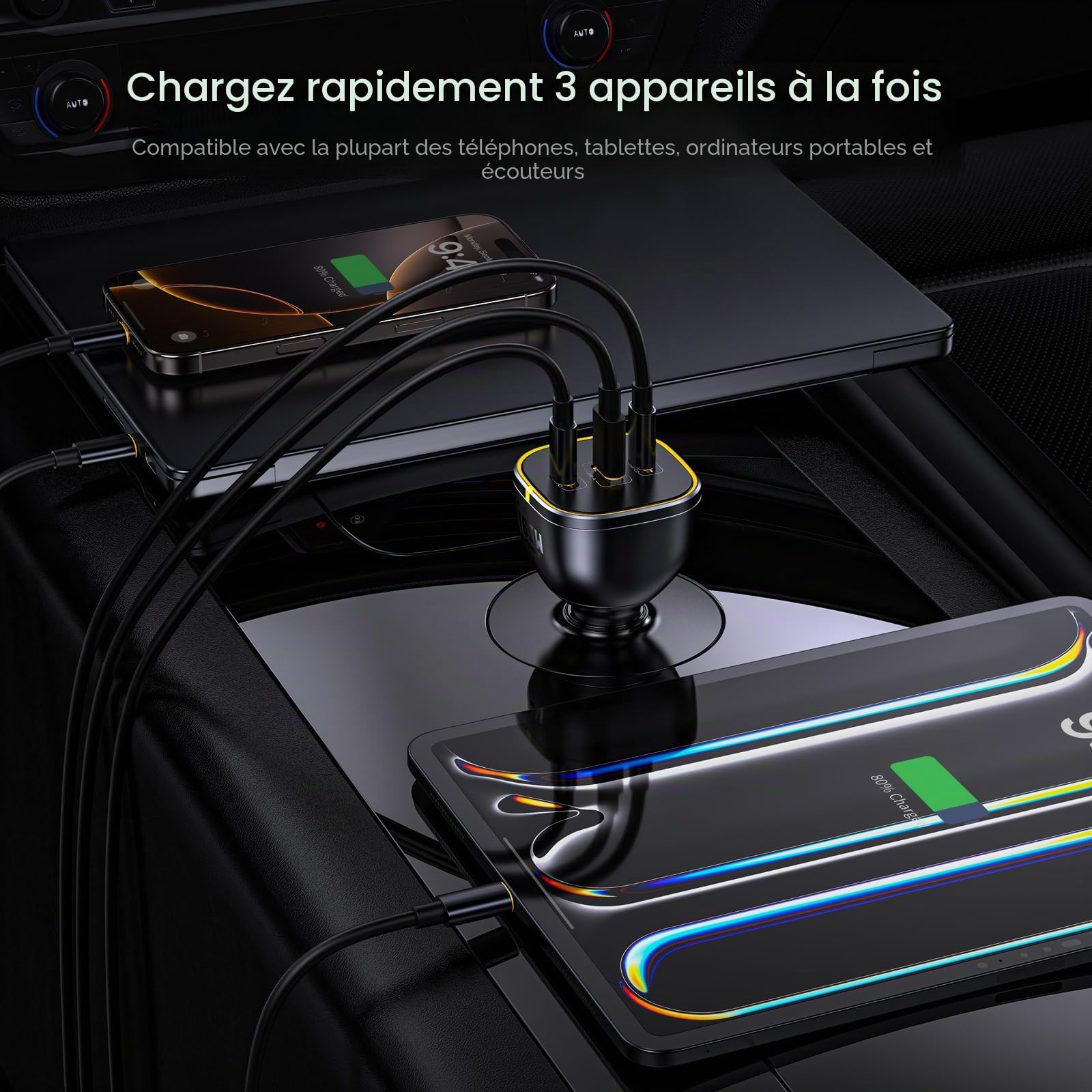 AOHI SUPERAUTO 170W Chargeur Voiture USB C avec Affichage Intelligent，Charger Allume Cigare Charge Rapide USB-C PD 3.1 140W, avec MacBook Pro,Ordinateurs Portables,iPhone 17 Pro Max (Noir)