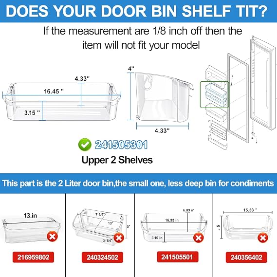 [2 PACK] 241505301 Refrigerator Door Bin Compatible with Frigidaire Gallery Door Shelf 241505300 Frigidaire Door Shelf Replacement PS976745 240430319 FGSC2335TFB FFSC2323TSA FFSC2323TS0 Door Bin