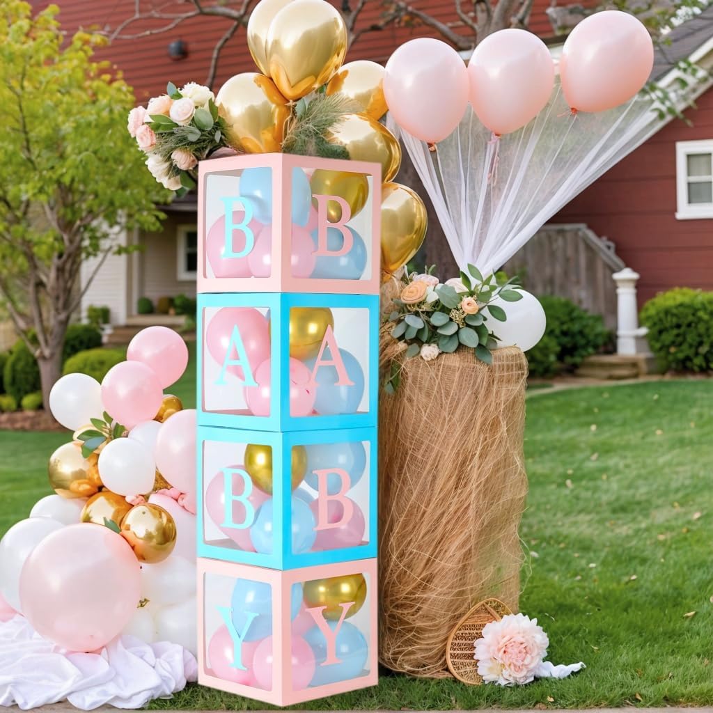 Baby Shower Box Pink Blue Transparent Balloon Boxes with BABY Letters for Gender Reveal Party Birthday Party Photo Prop