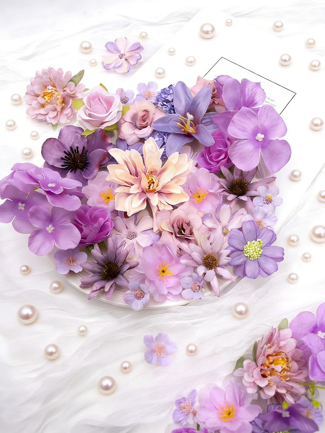 Faux Flower Heads Mini Purple Artificial Flower Heads Fake Flowers Combo with Stems Rose Peony Dahlia Daisy Small Silk Flower Heads for Craft DIY Garland Wedding Party Baby Shower Home Decor, 80Pcs
