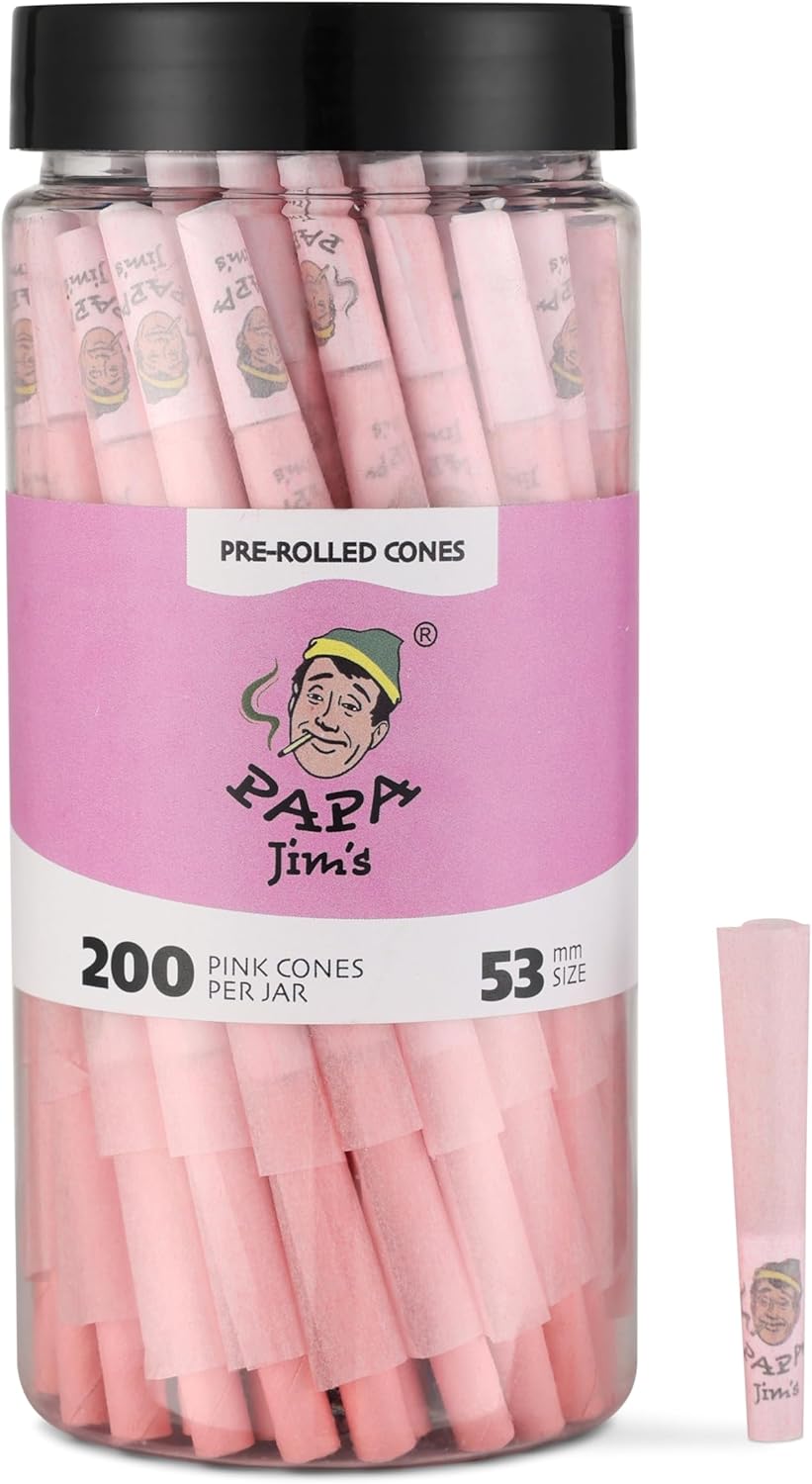 Papa Jim's Pre-Rolled Cones | Pink Paper Shorty's | 200 Cones Jar | 53mm Mini's | Finest Ultra Thing & Slow Burning Paper from France | Includes Packing sticks and filters (53mm, 200, Cones)