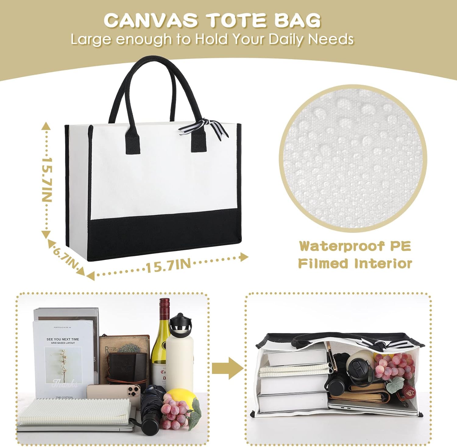 Reginary 12 Pack Canvas Tote Bags Initial Classic Present Personalized Canvas Beach Bag for Wedding, Birthday, Beach(Black and White) - Image 2