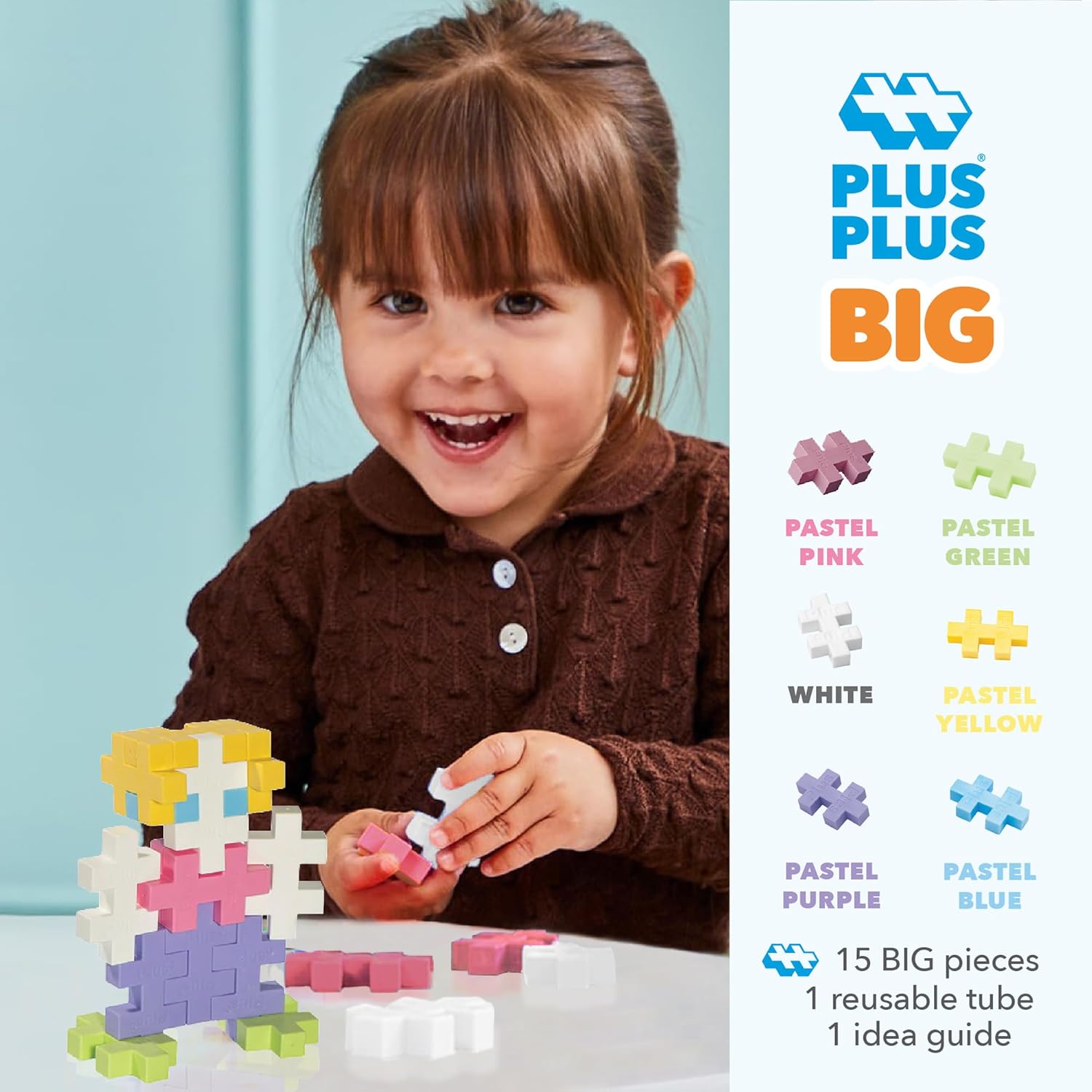 PLUS PLUS Big - 15 Piece Pastel Mix Tube - Interlocking Large Puzzle Building Blocks, Quiet Stem Toys for Toddlers - Gifts for Boys & Girls