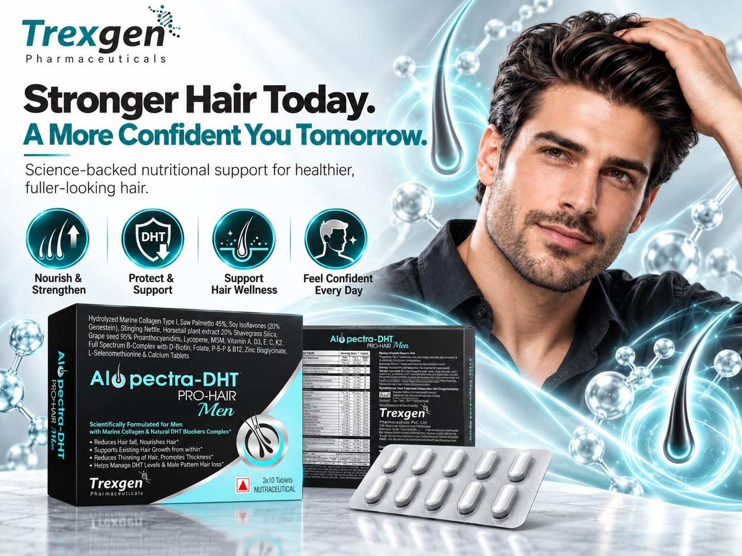 Trexgen Alopectra-DHT Pro-Hair Men Tablets | Marine Collagen, Saw Palmetto, Soy Isoflavones, Stinging Nettle, Biotin, Zinc & Selenium | DHT Support, Hair Fall Control & Hair Wellness for Men | 30 x 2 = 60 Tablets — Amazon image 5