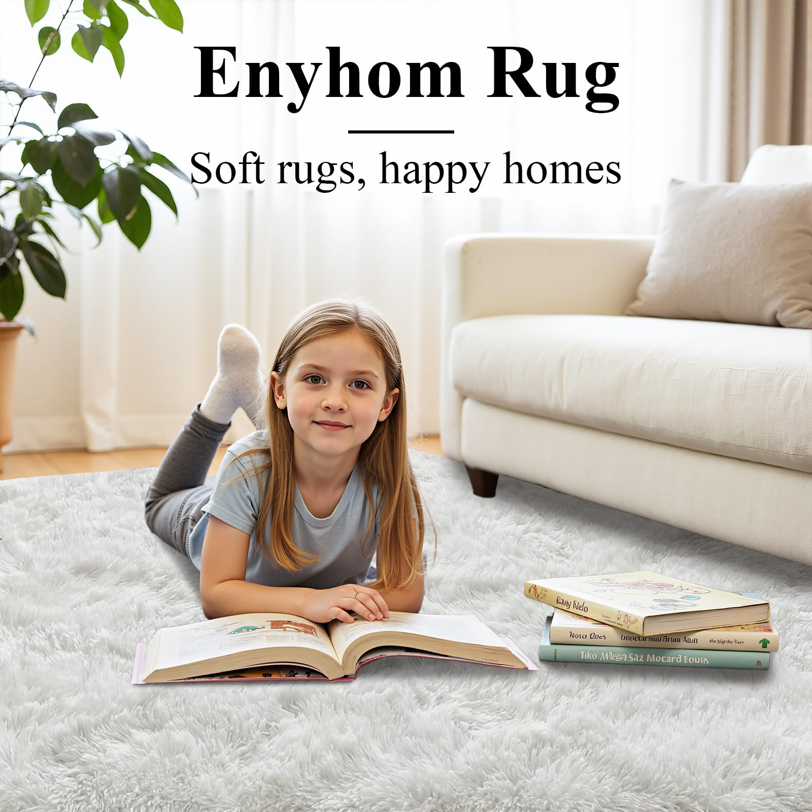 Enyhom Hochflor Flauschig Teppich Wohnzimmer Waschbar 160x230 cm, Weiß | Anti Rutsch Unterseite, Groß Weich Moderner Teppiche für Schlafzimmer, Kinderzimmer