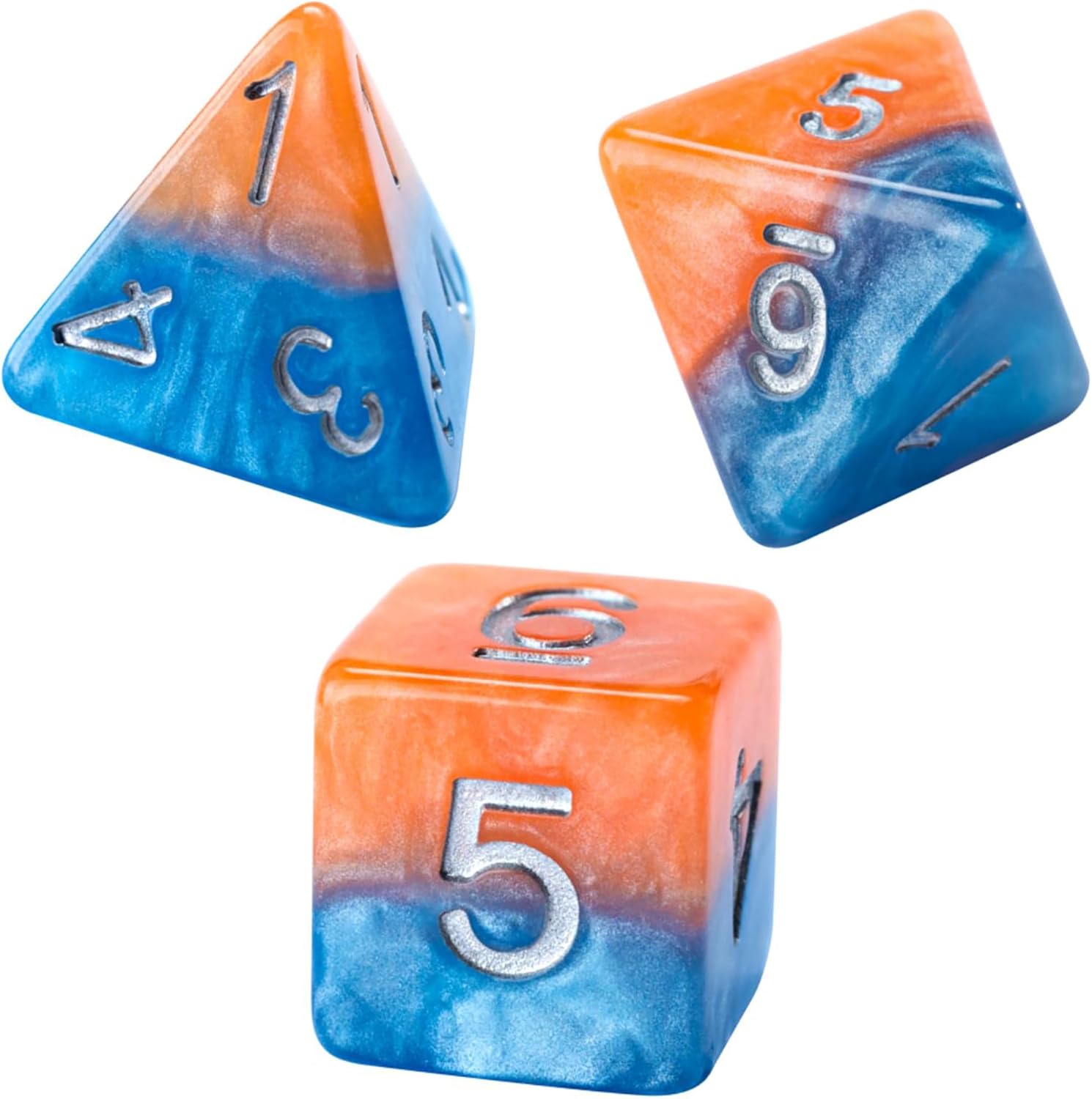 Gate Keeper Games and Dice: Halfsies Dice: Fire & Dice - 7pc Set, Flame Orange & Frost Blue, Pearlescent Swirl, 7 Resin Dice for Role Playing Games
