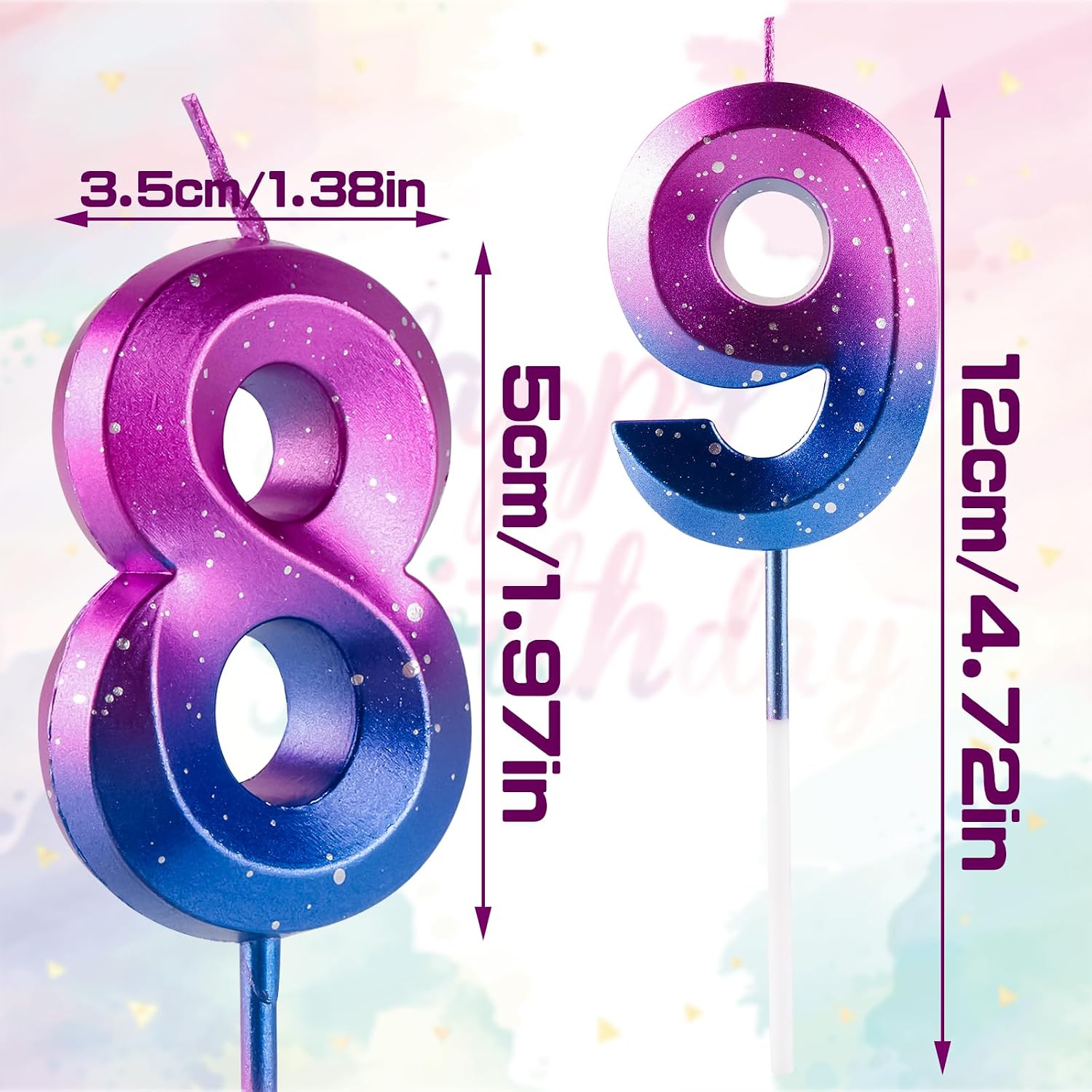 Number 8 Candles 8th Birthday Galaxy Gradient Happy Birthday Purple Blue Gradient Candle Premium Wax & 3D Diamond Design Cake Topper Decorations for Birthday Party Anniversary Celebration Supplie