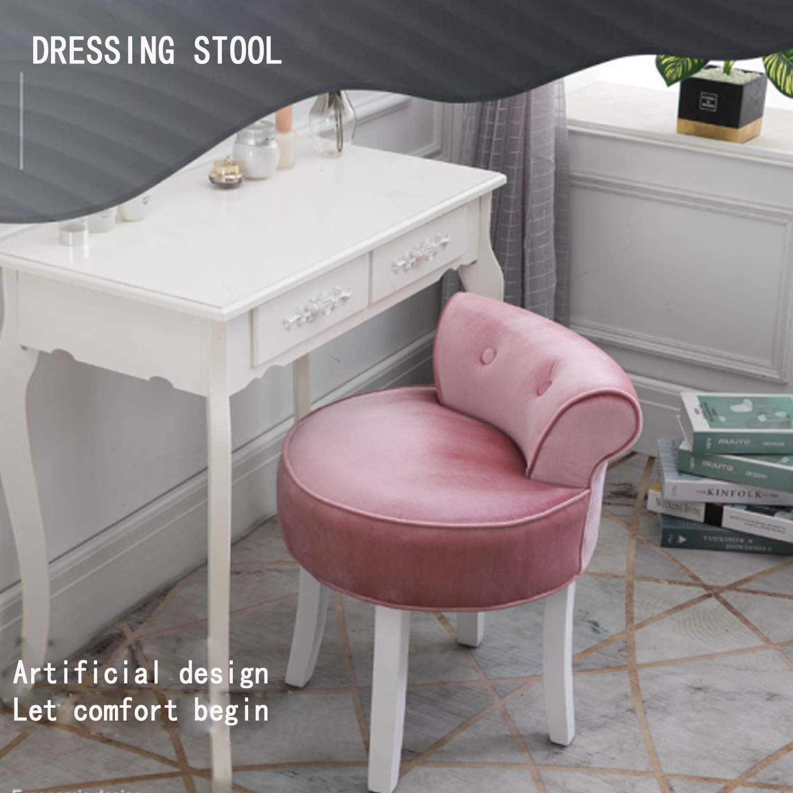 sdneNest Moderno taburete de tocador de maquillaje de espalda baja, banco de tocador acolchado con patas de madera de goma blanca, silla de esponja de alta elasticidad para dormitorio, elegante