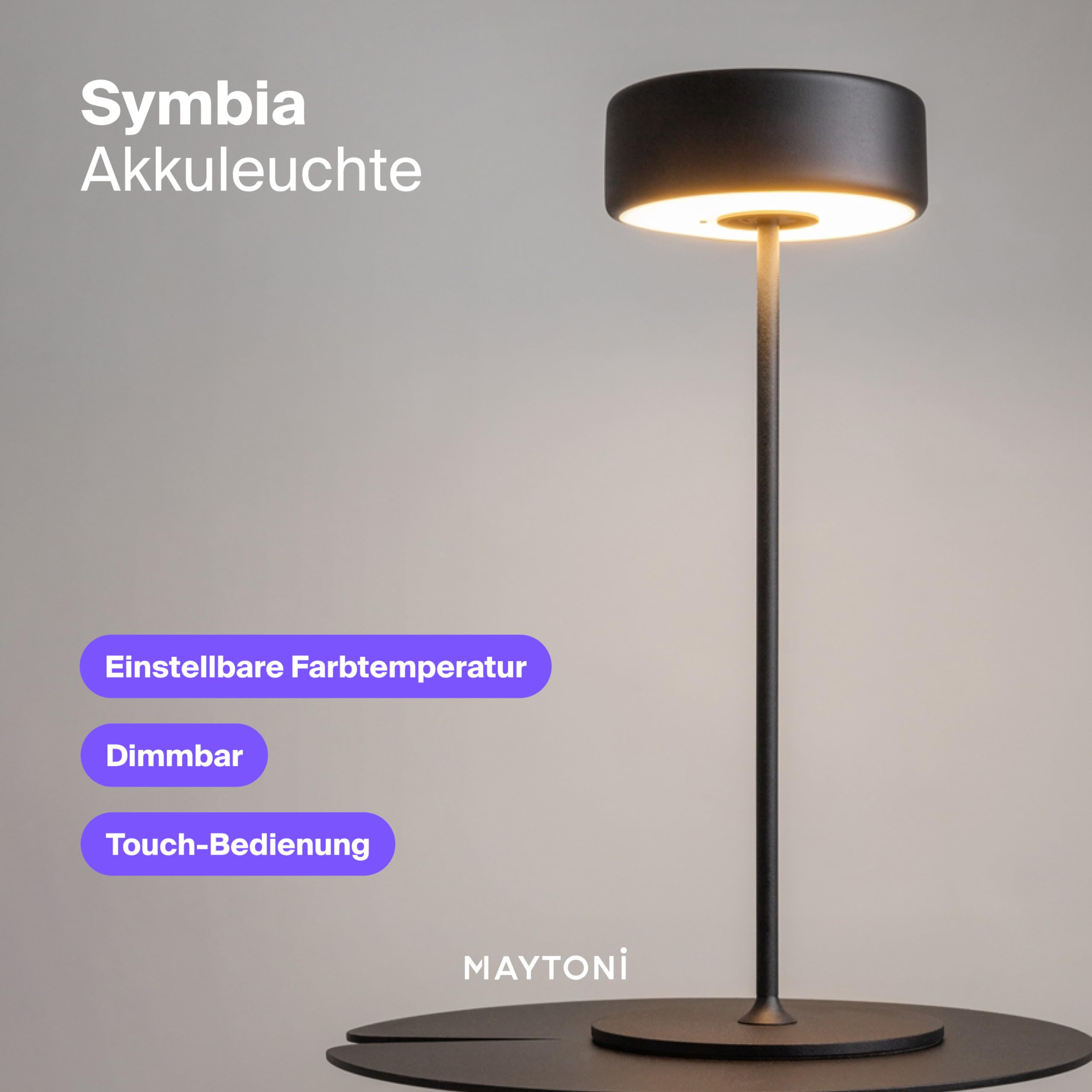 Maytoni Akku-Tischleuchte Symbia Schwarz, LED integriert 3W dimmbar, 3 Farbtemperaturen 2200K 3000K 4000K, kabellos Aluminium, IP20, Tischlampe