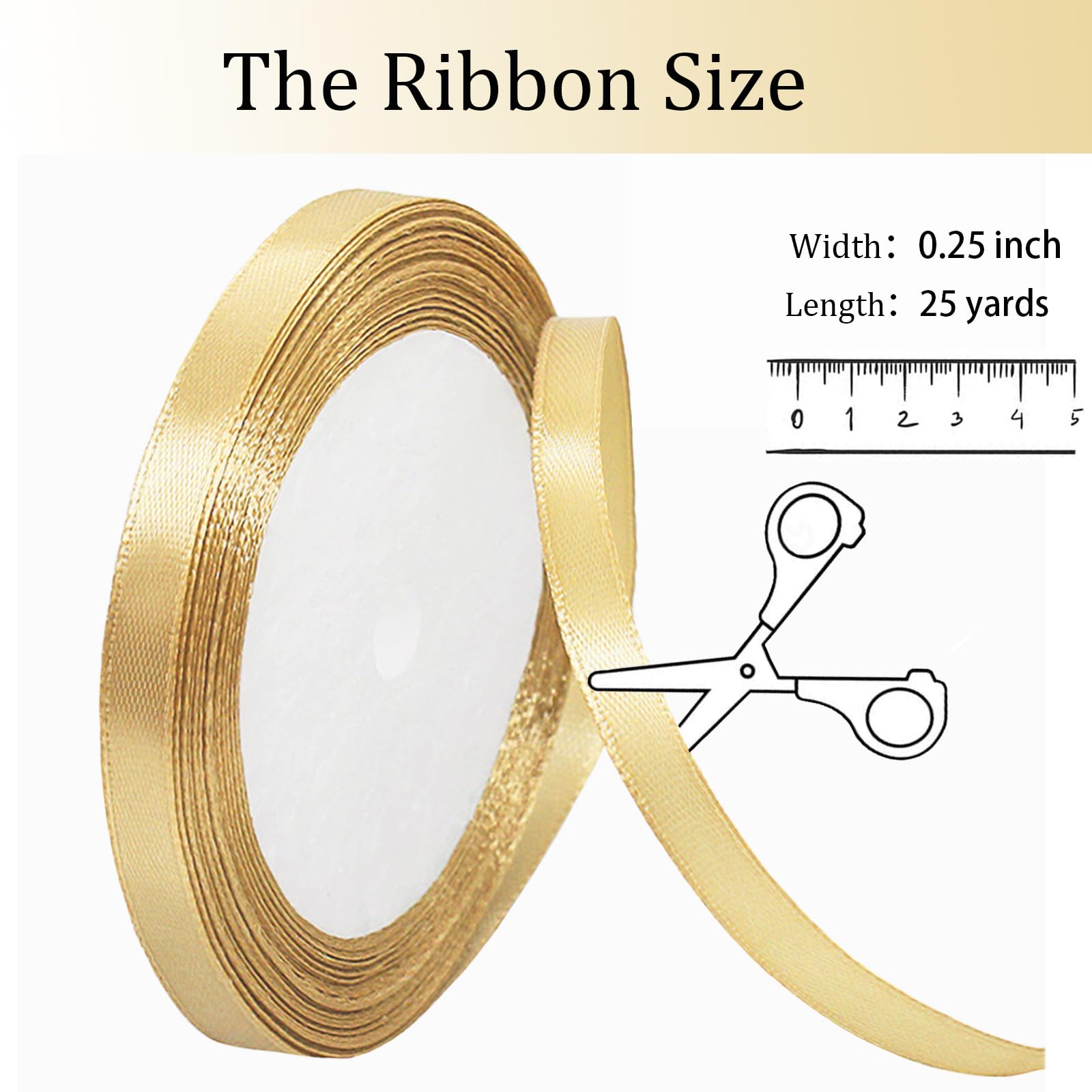 OMAIGAR Gold Ribbon 1/4 Inch Width, Solid Satin Ribbons with 25 Yards Length Silk Fabric for Gift Wrapping or Wedding Party Birthday Decoration - Gold, 1/4 Inch x 25 Yards