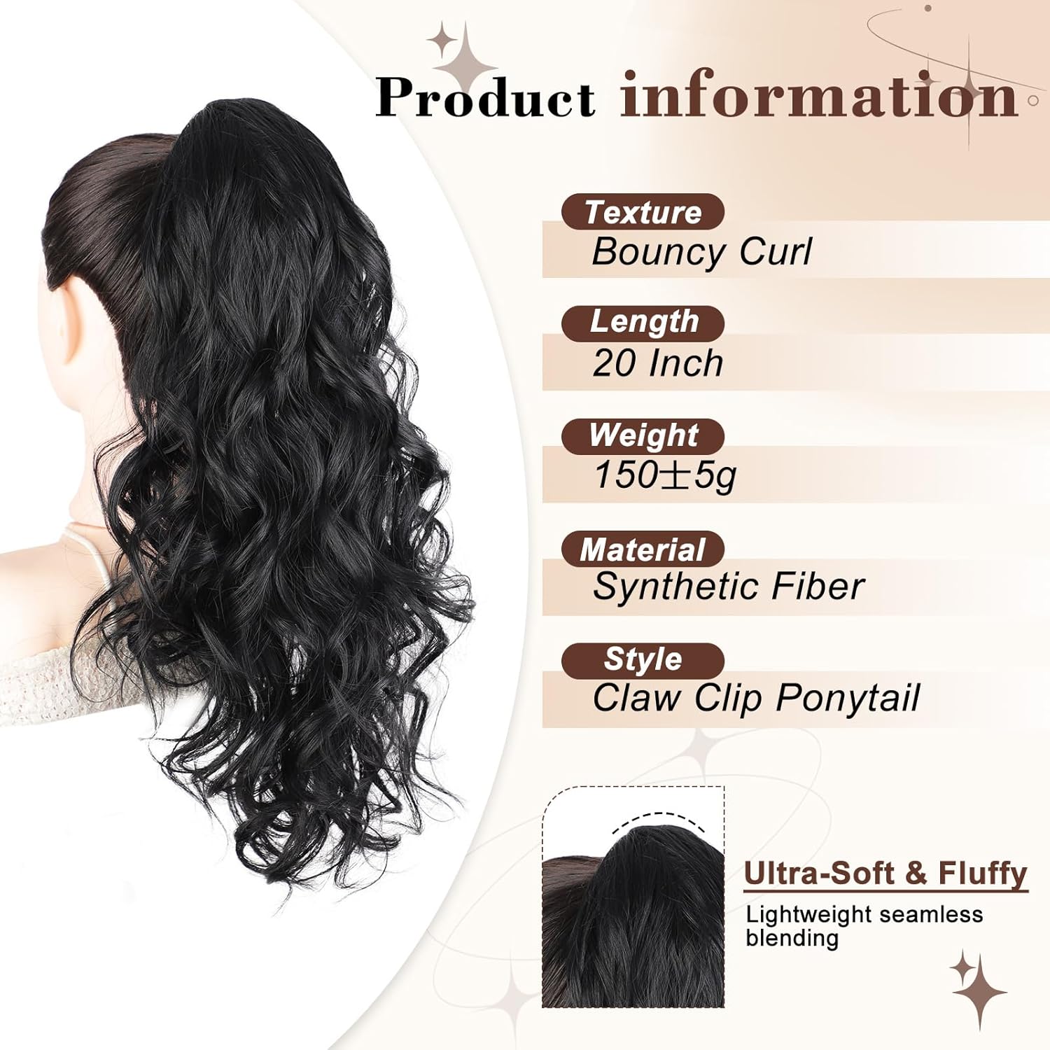 AISI BEAUTY Black Ponytail Extension, 20 inch Long Wavy Curly Claw Clip Ponytail Hair Extensions, Natural Synthetic Hairpiece for Women Daily Wear