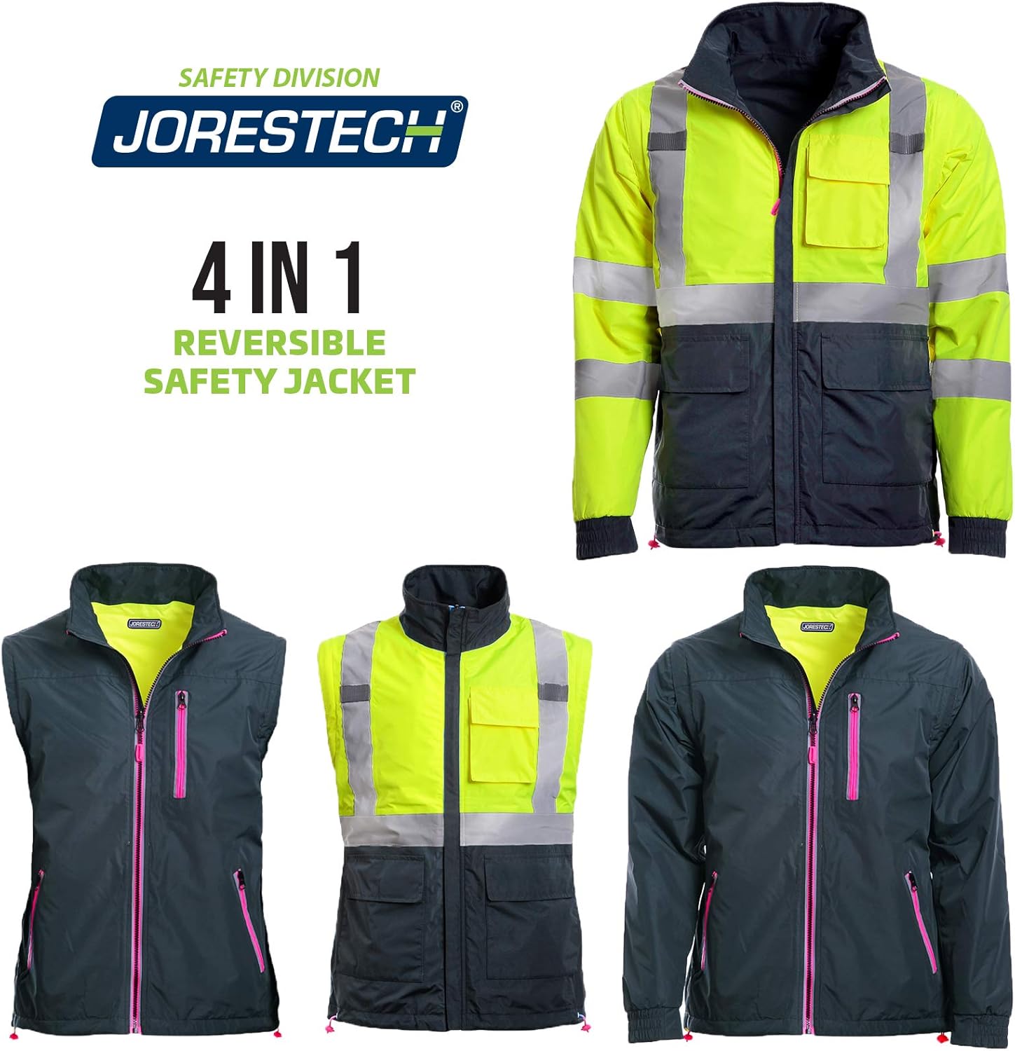 Onе-Dау Sаlе: Uр tо 60% оƒƒ JORESTECH Safety 4-in-1 Windbreaker Reversible Gray Fitted Jacket Reflective High Visibility with Removable Sleeves JK-05 XL