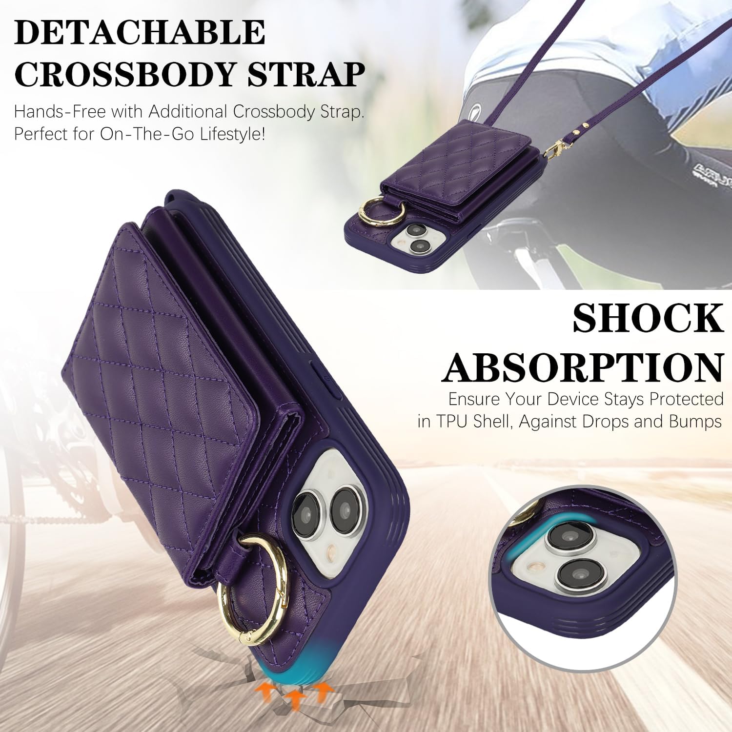 for iPhone 13 Case with Card Holder and Strap for Women,Crossbody Lanyard, Make Up Mirror,Ring Stand,Snap Clasp,Cute Phone Wallet Cases 6.1 inch - Deep Purple