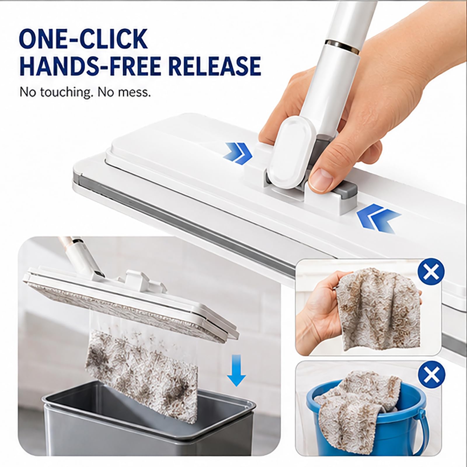 Mocio piatto multiuso a mani libere, mocio da pulizia a clip include 9 confezioni di panni umidi di ricambio, mini mocio con fibra a rotazione di 360 gradi per pavimenti in legno, piastre Length-95cm