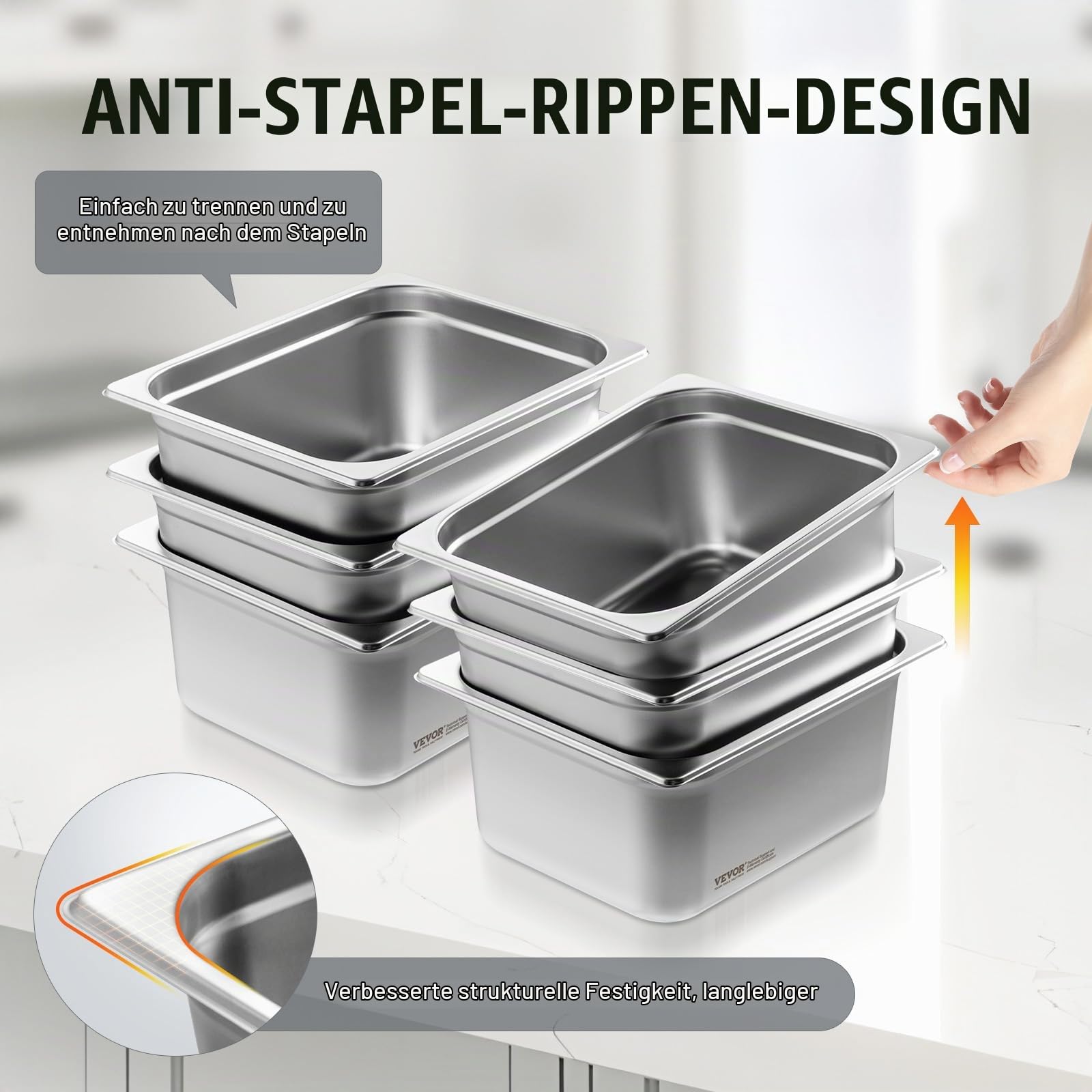 VEVOR GN 1/2 Gastronormbehälter, Edelstahl Behälter 6 Stk. 325 x 266 x 148 mm Speisebehälter, kommerzieller Dampfpfanne Warmhaltebehälter, Hotelpfanne Tisch Food Pan Buffet