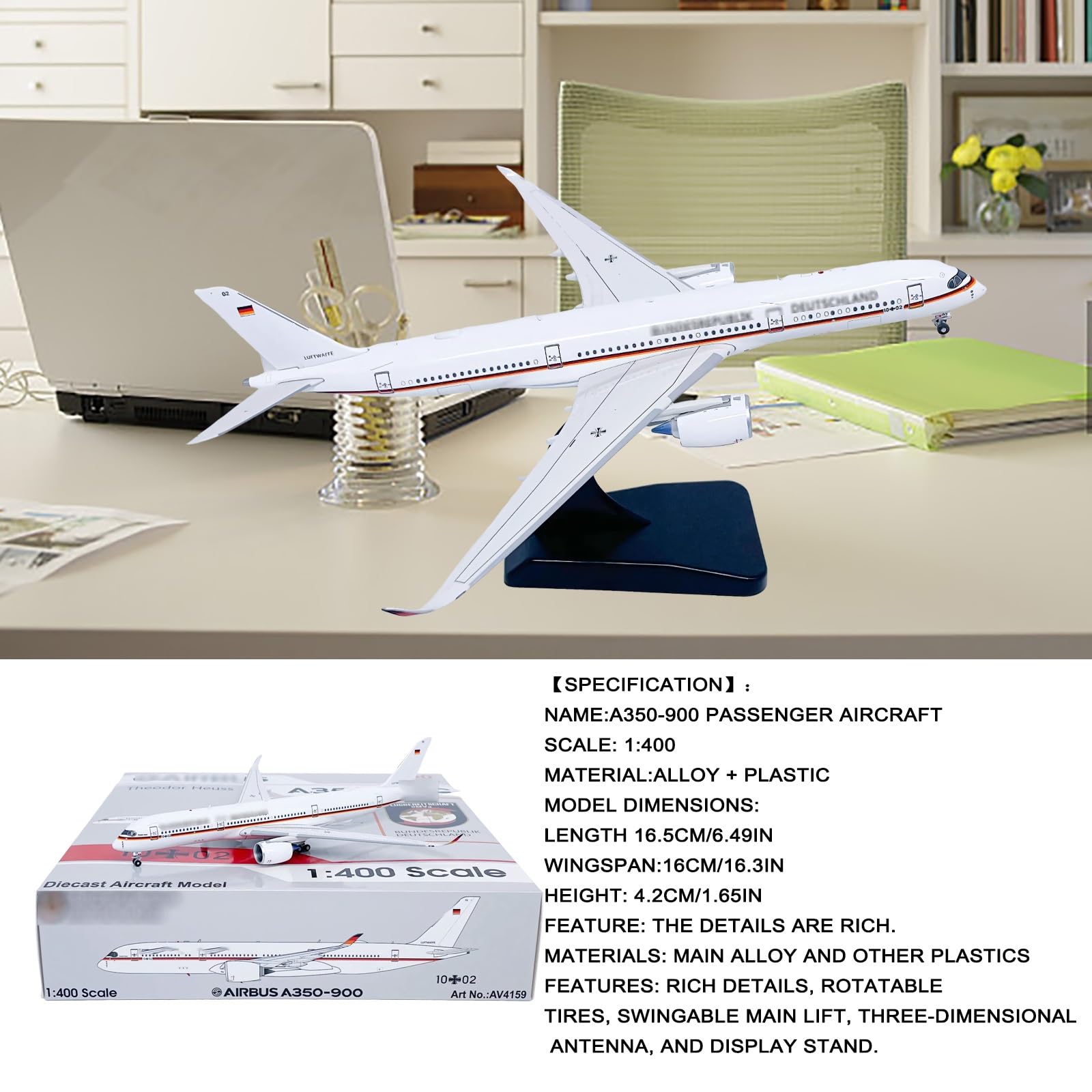 Carrello atterraggio mobile, pneumatici rotanti, modello pressofuso aeroplano in scala 1:400 A350-900, decorazione perfetta for scrivania dell'ufficio regalo for collezione aviazione