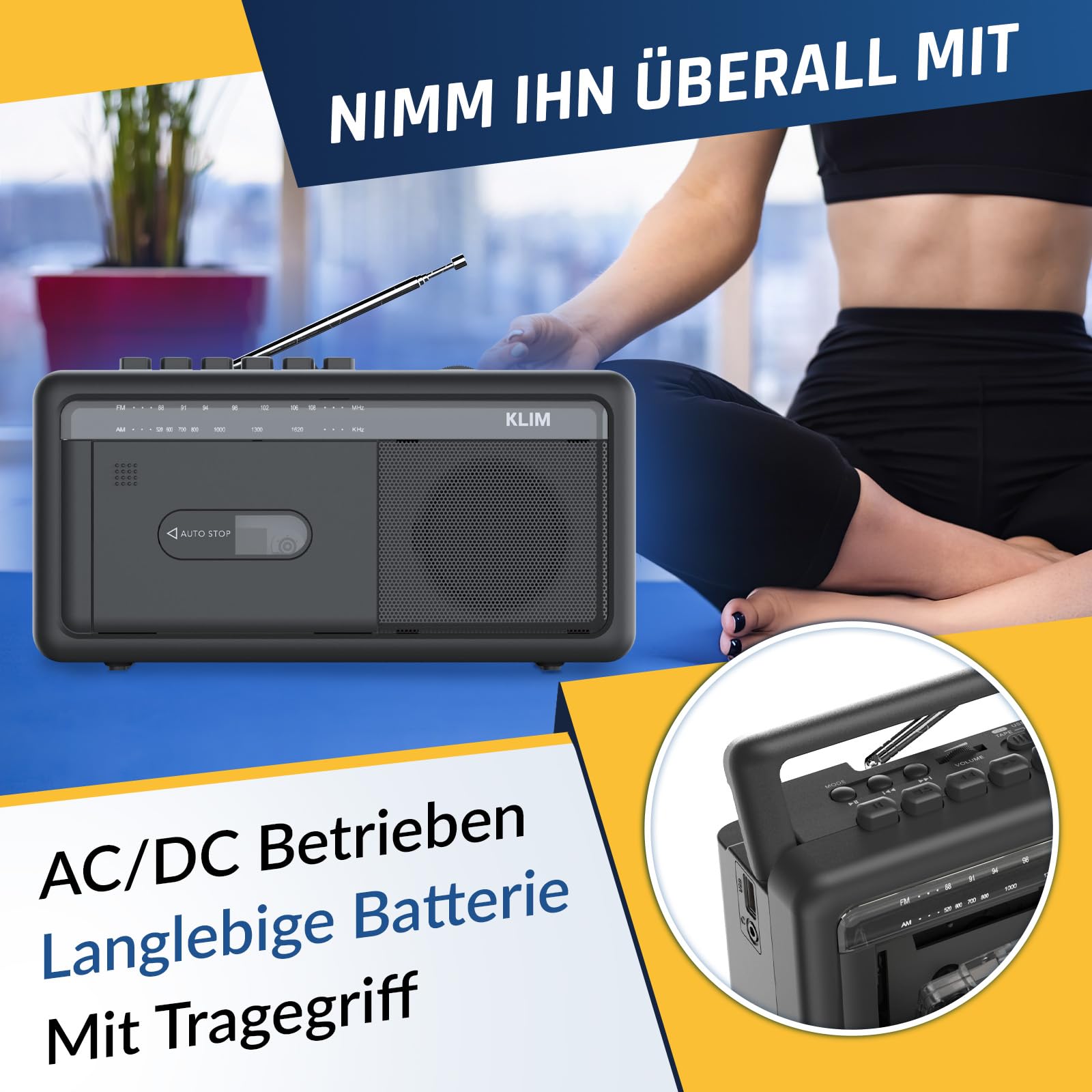 KLIM Tragbare Kassettenspieler Boombox, AM/FM Radio, Bluetooth Radio, Cassette Player & Kassettenrecorder, USB, Lautsprecher, Kopfhöreranschluss, Batteriebetrieb & Netzbetrieb - Schwarz